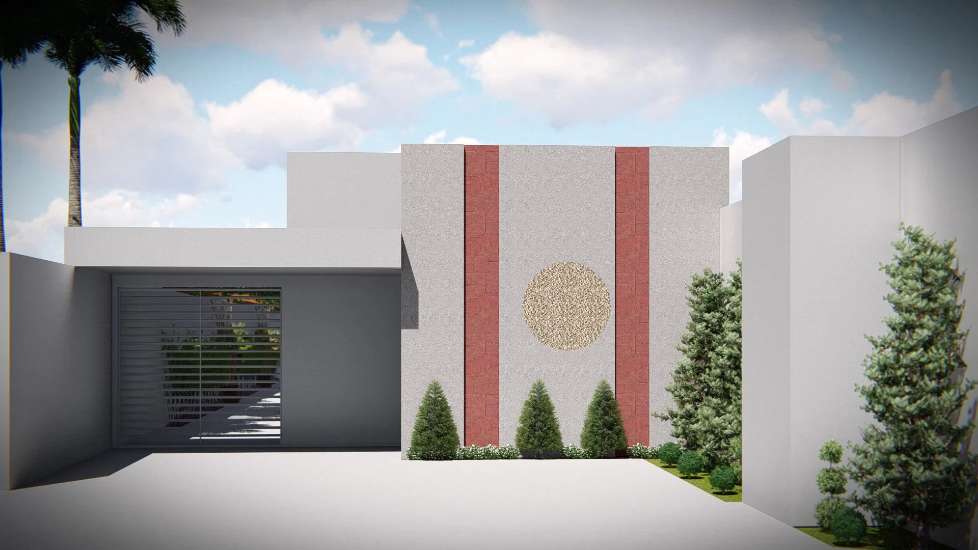 Fachada de salão de festas com painel texturizado, faixas verticais terracota e medalhão circular dourado, ladeada por palmeira e arbustos cônicos.