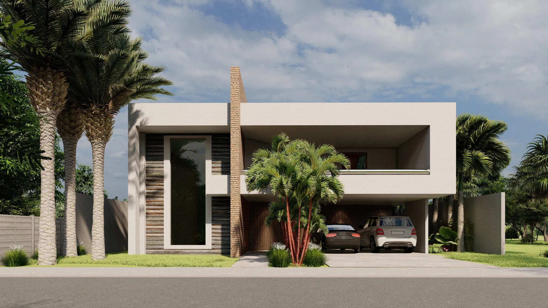 Fachada moderna de residência em concreto e ripas de madeira, com chaminé em tijolo, palmeiras e dois carros no acesso coberto