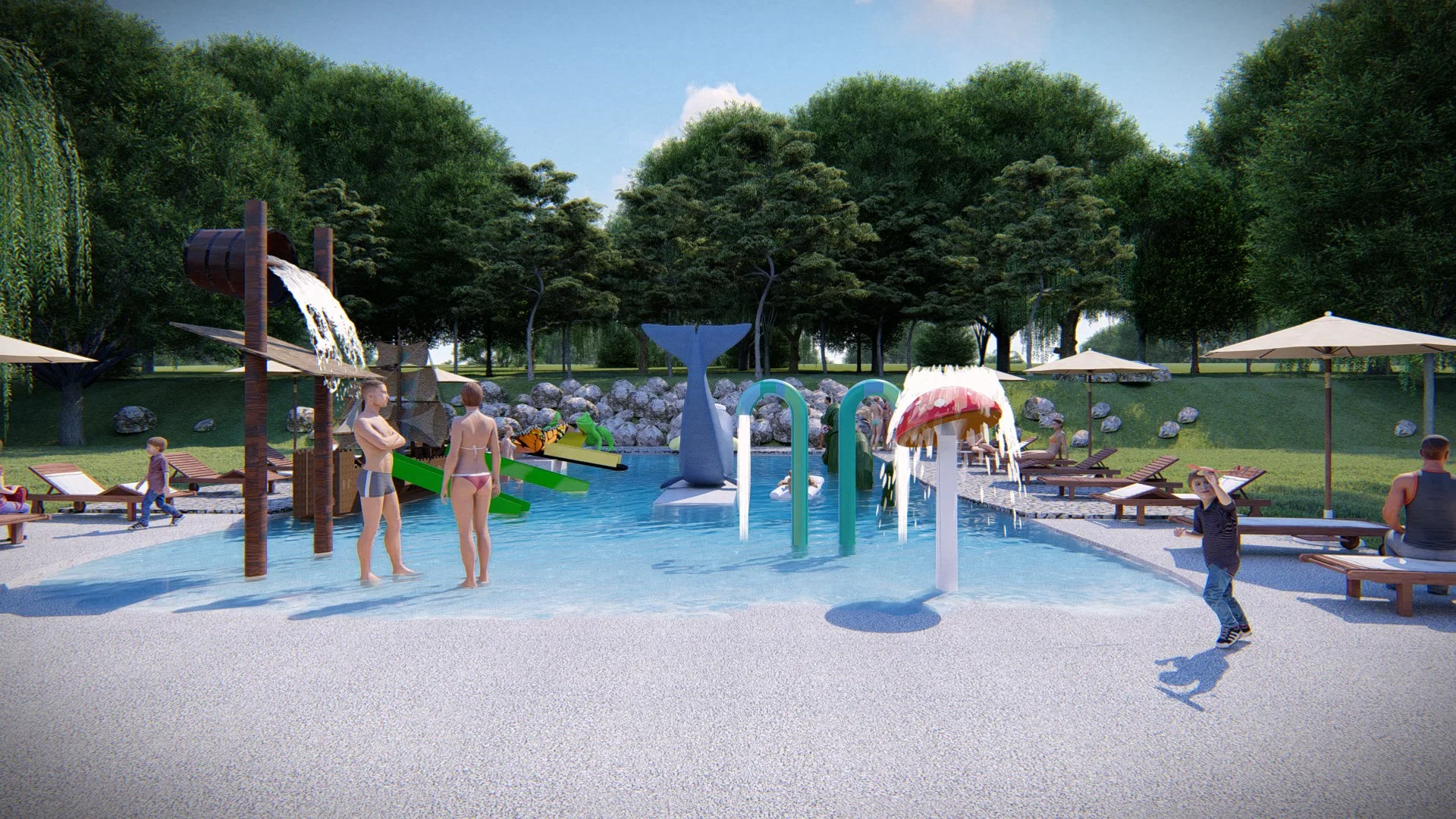 Piscina temática com escultura de baleia, toboágua verde e pessoas em pé na água cercadas por árvores e espreguiçadeiras
