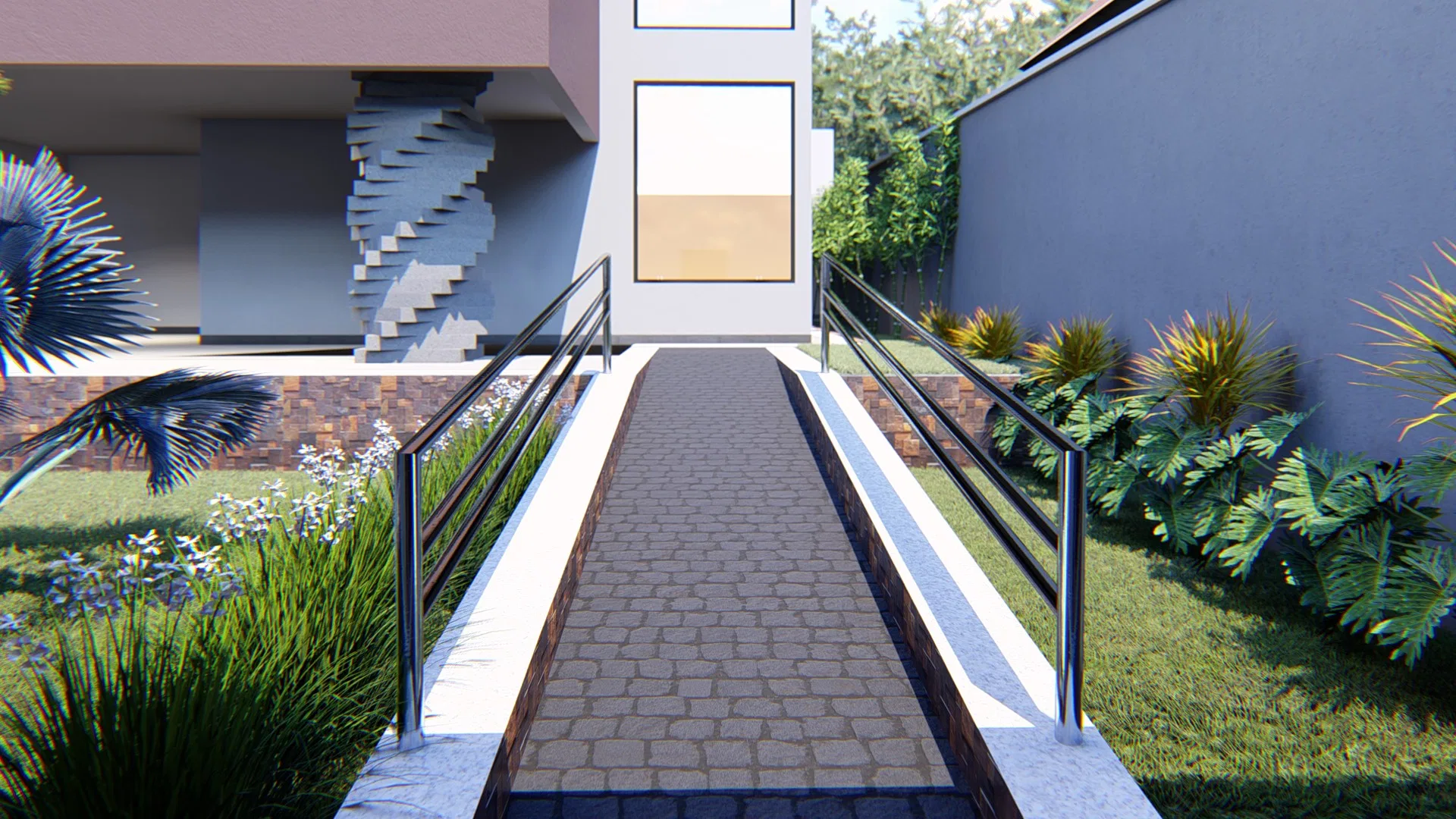 Rampa de acesso com piso intertravado e corrimãos metálicos levando à casa, coluna escultórica retorcida ao fundo entre jardins