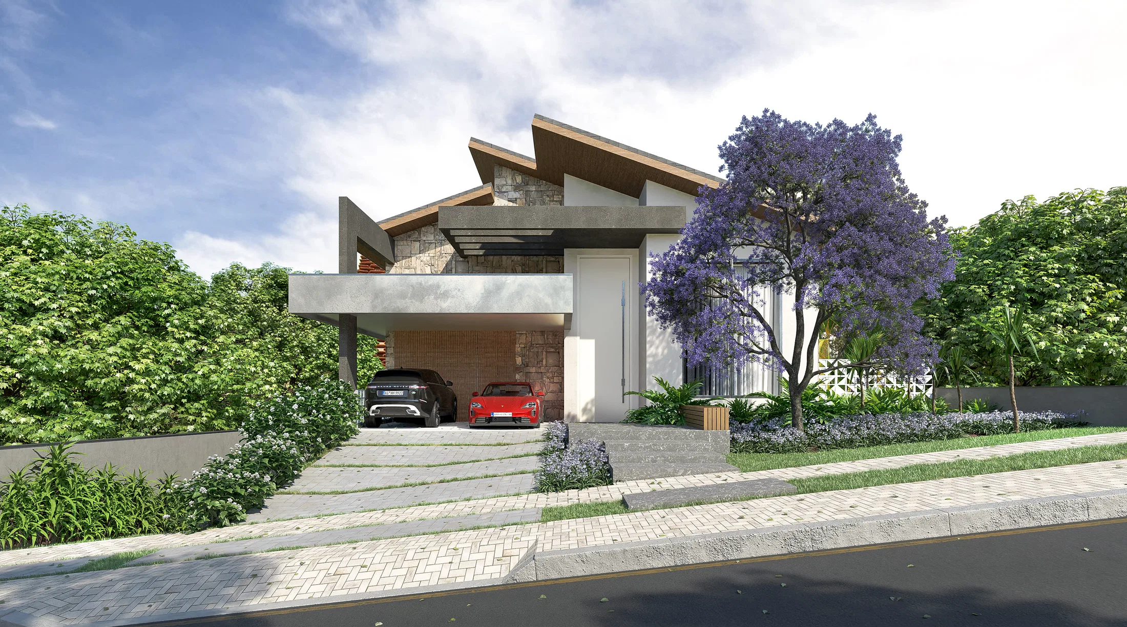 Fachada de casa com telhado inclinado e beiral de madeira, garagem com dois carros e jardim frontal em desnível com jacarandá florido