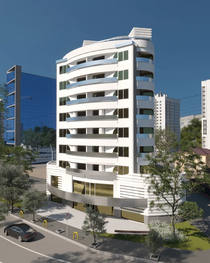 Vista aérea diurna de edifício residencial com fachada branca curva, varandas em balanço e ruas arborizadas ao redor
