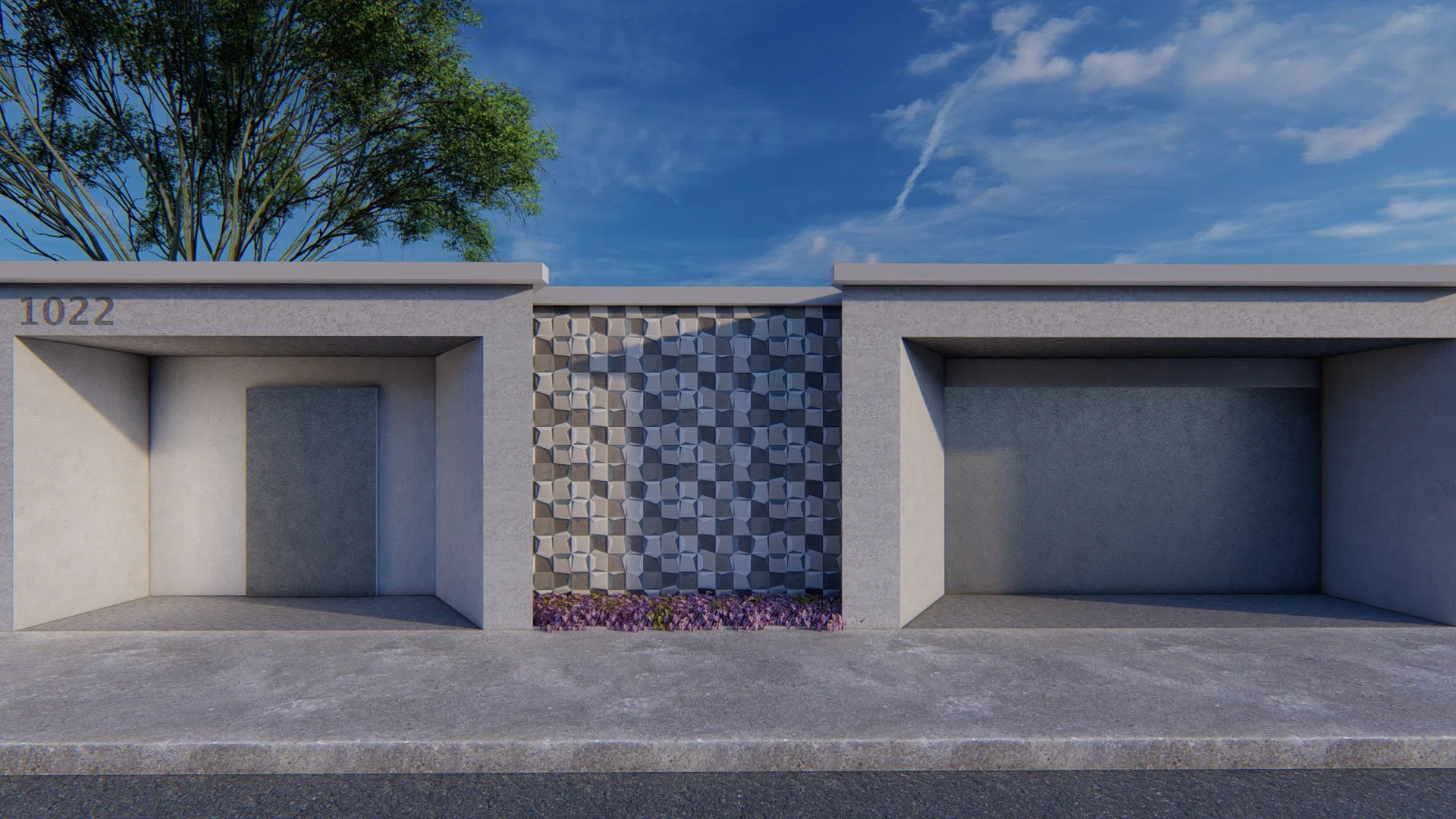 Fachada térrea com dois recuos laterais e um painel central de cerâmica em relevo geométrico, canteiro de flores lilases na base e uma árvore ao fundo