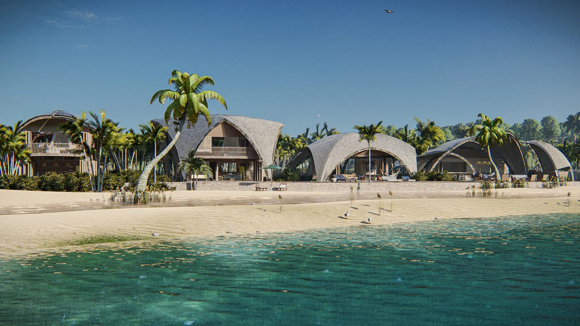 Pavilhões de cobertura curva vegetal alinhados à beira-mar entre coqueiros, vistos da água turquesa com faixa de areia clara em primeiro plano.