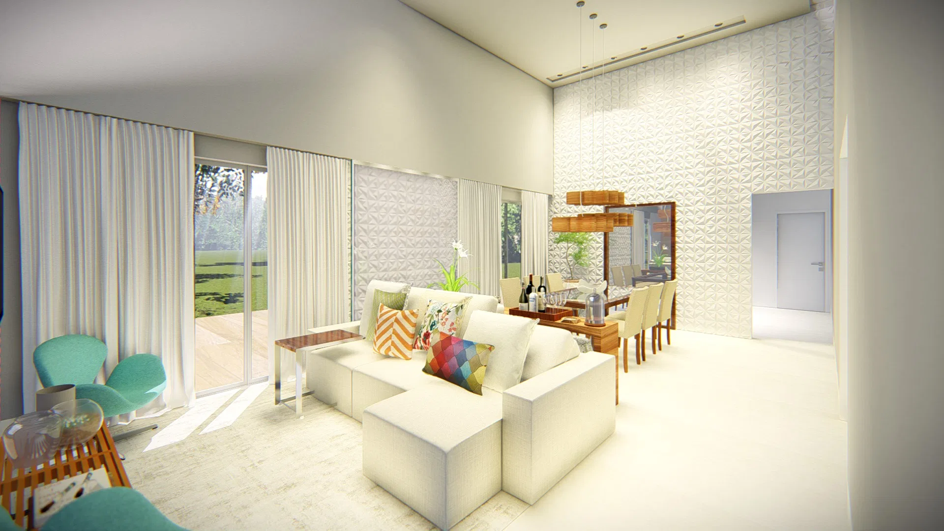 Estar e jantar integrados de pé-direito duplo, com sofá branco, parede de relevo texturizado e cortinas abertas para o jardim