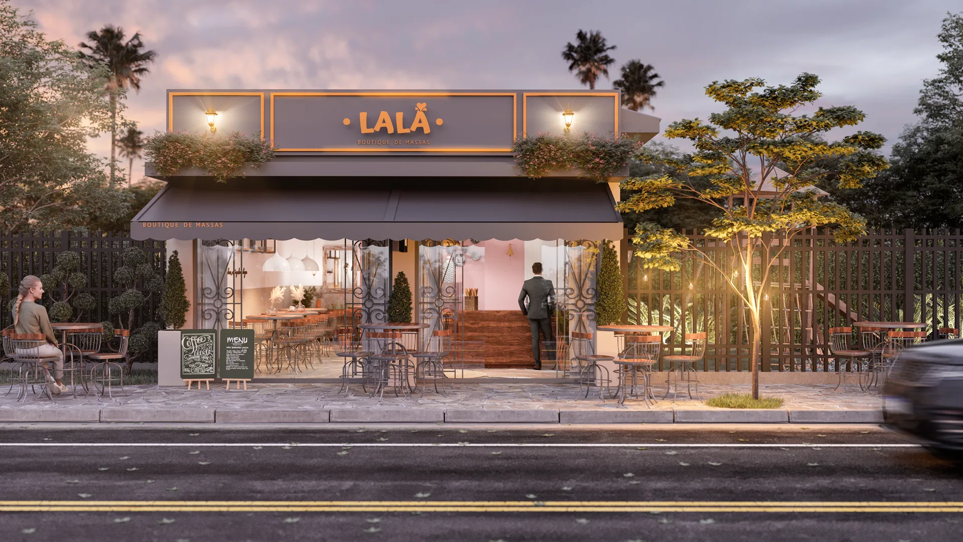 Fachada do restaurante Lalá ao entardecer, com letreiro iluminado, toldo escuro e terraço de mesas de bistrô sob jardineiras junto à calçada
