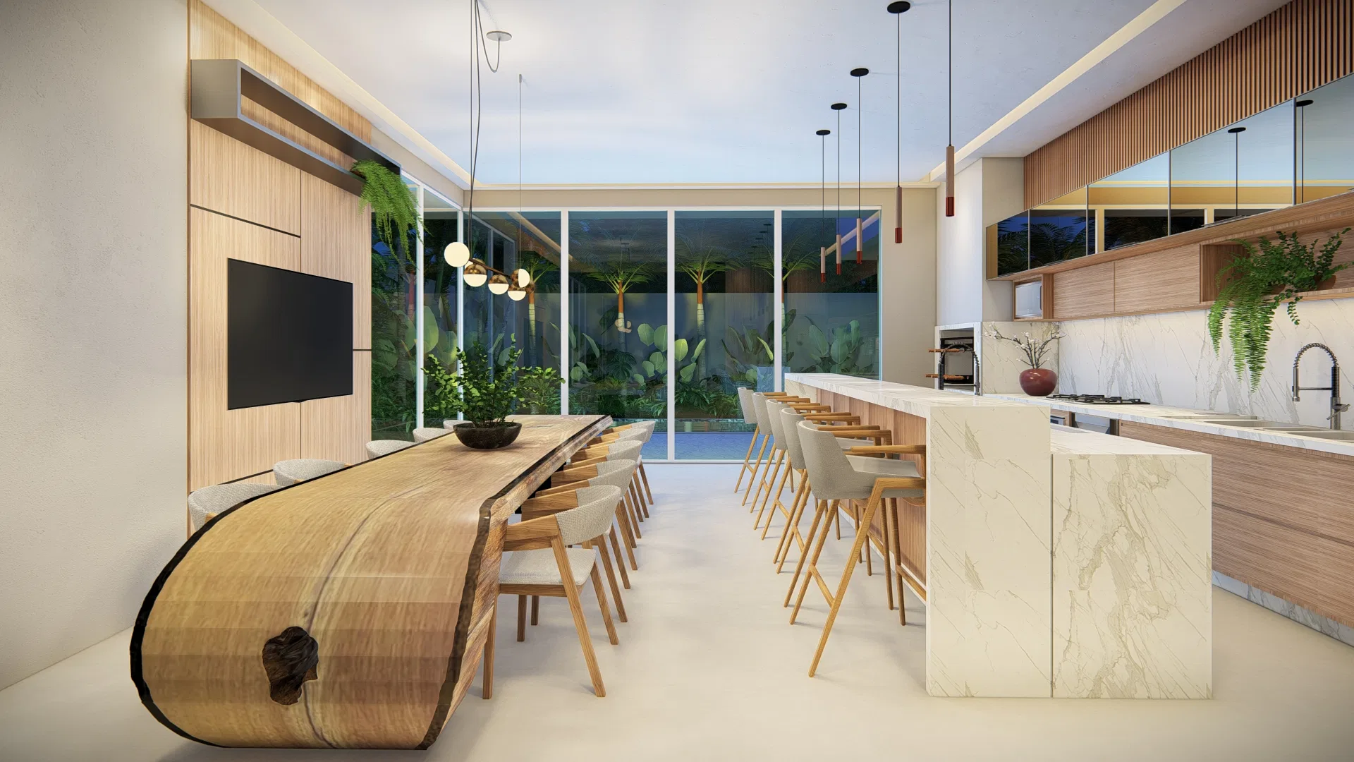 Cozinha gourmet integrada à sala de jantar, com mesa em madeira de peça única, ilha em mármore branco e vista para jardim interno