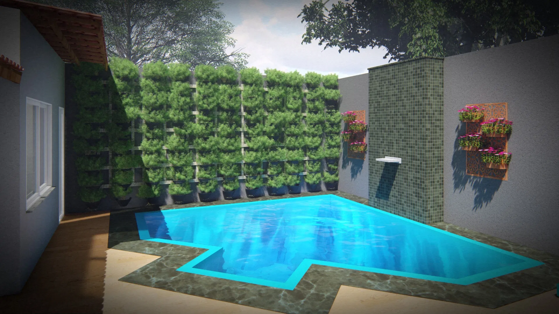Piscina de água turquesa com recorte geométrico entre deck de pedra, jardim vertical de árvores em colunas e parede de mosaico com painéis floridos