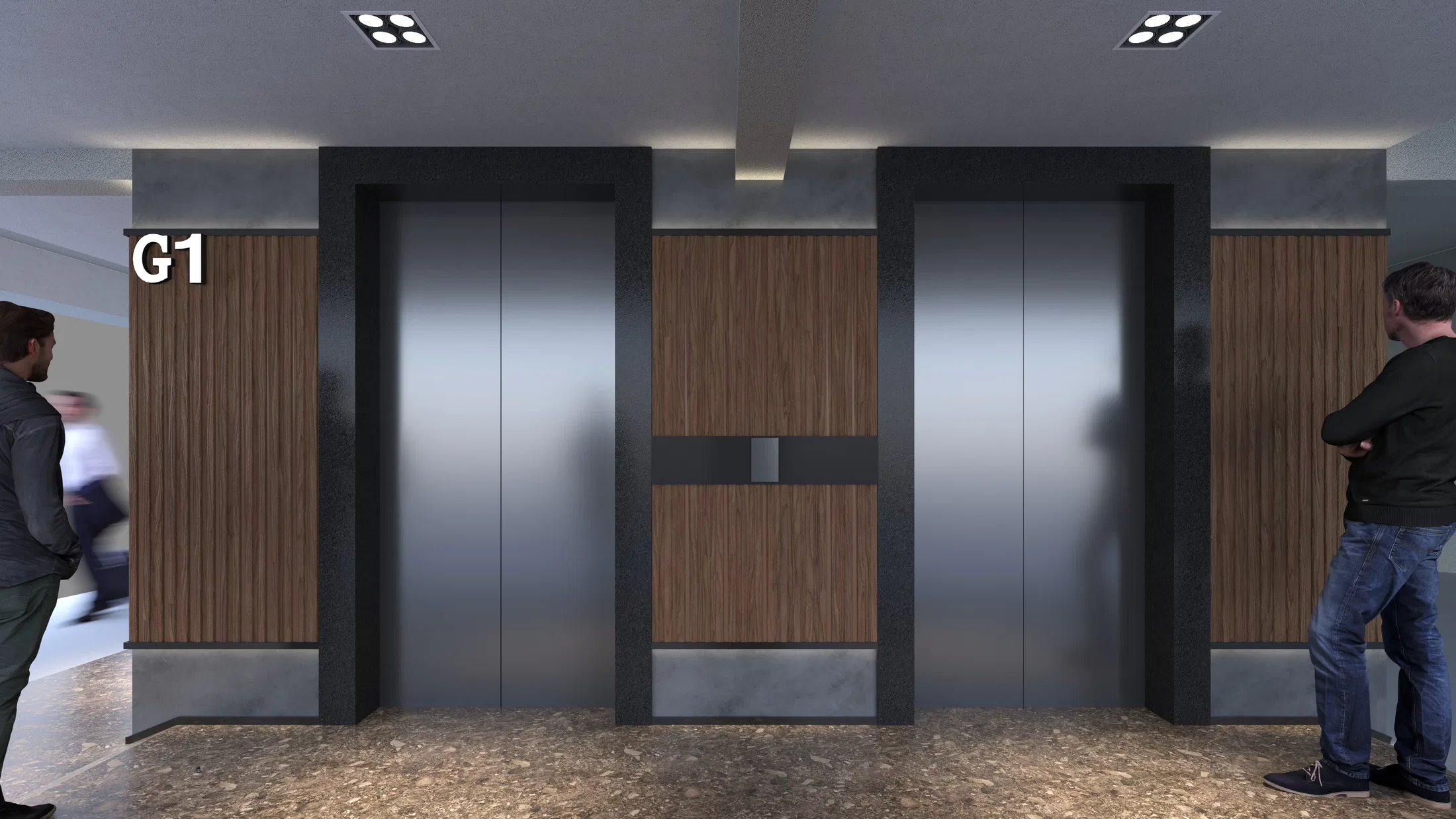 Hall de elevadores com sinalização 'G1', portas em aço escovado emolduradas por painéis de madeira ripada e base em pedra clara