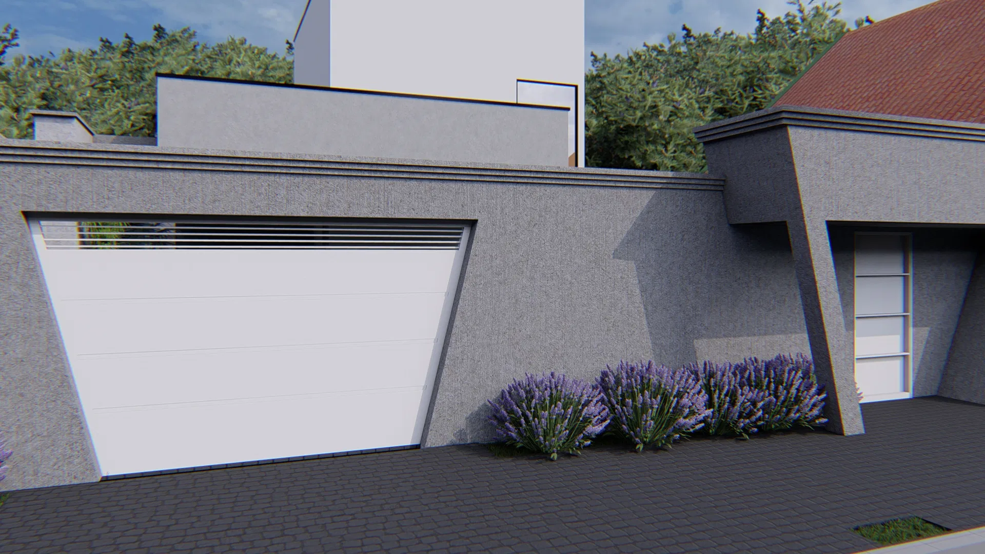 Vista aproximada da garagem com portão branco seccionado, fachada em textura cinza e arbustos floridos roxos na base