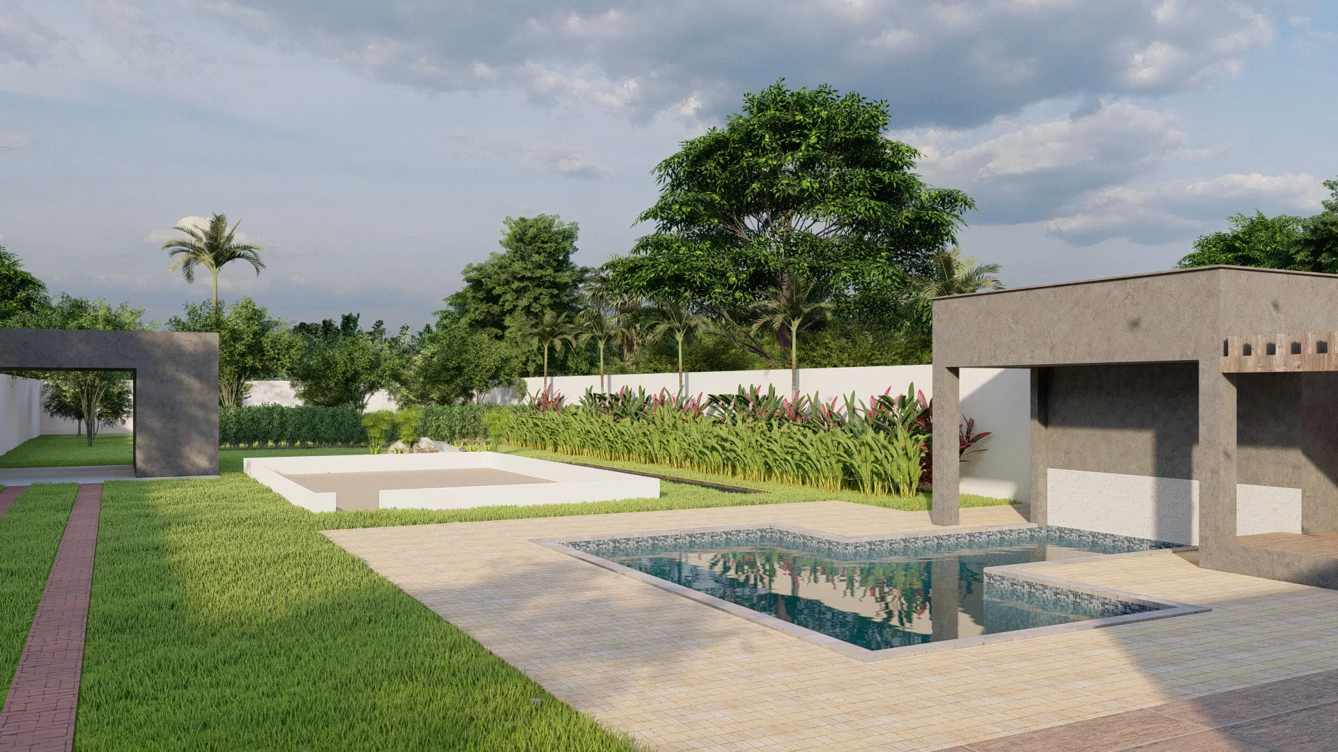 Vista geral dos fundos com pergolado escultural em concreto, área de estar rebaixada, canteiro floral e piscina em primeiro plano.