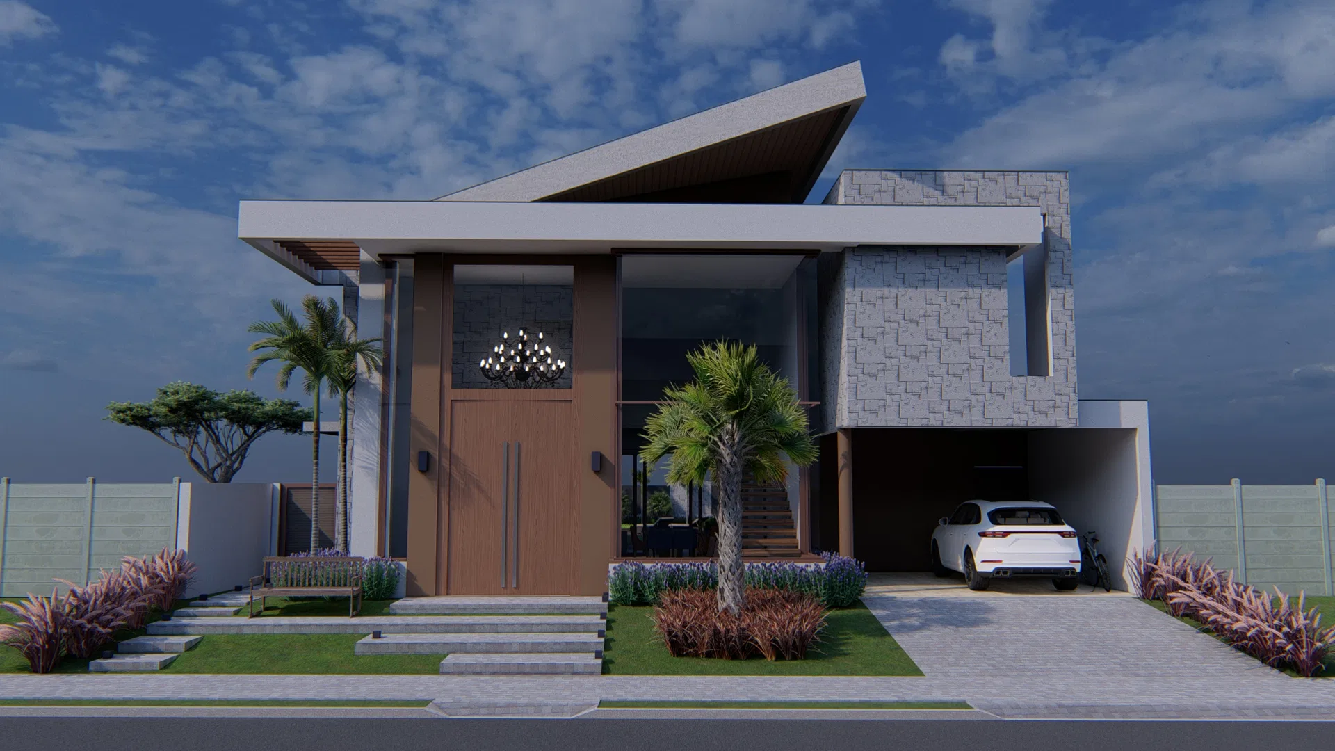 Fachada geométrica de casa contemporânea com telhado inclinado e revestimento em pastilhas claras, palmeiras, carro branco na garagem coberta e canteiros de gramíneas na entrada