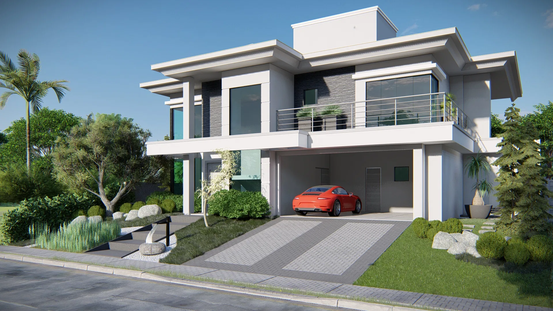 Sobrado contemporâneo em cinza e branco, com jardim frontal de gramíneas, arbustos e pedras, palmeiras à esquerda e carro vermelho na garagem.