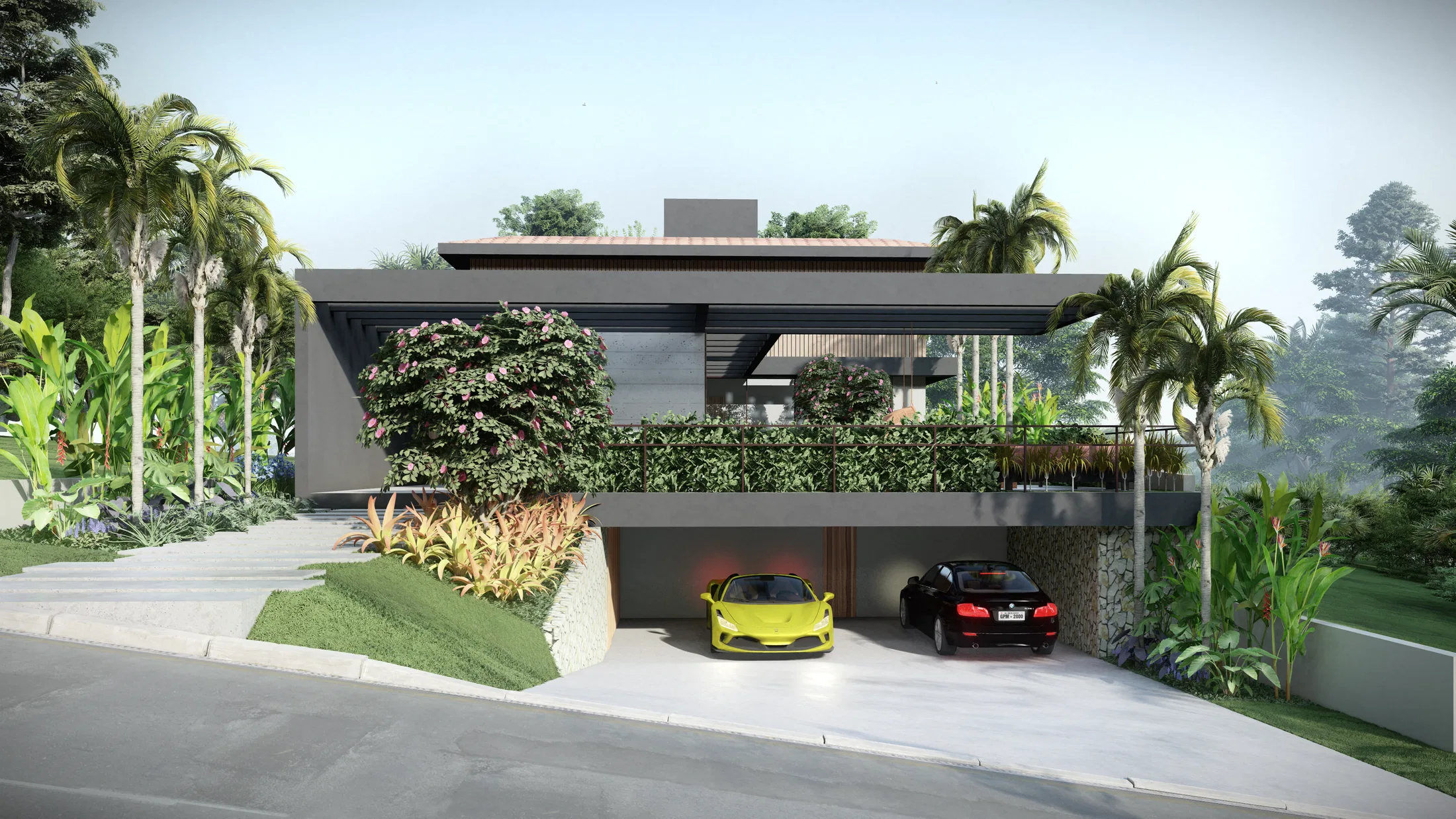 Fachada da residência ao entardecer, com pérgola de brises, palmeiras na entrada e arbusto florido em tons rosa sobre a garagem