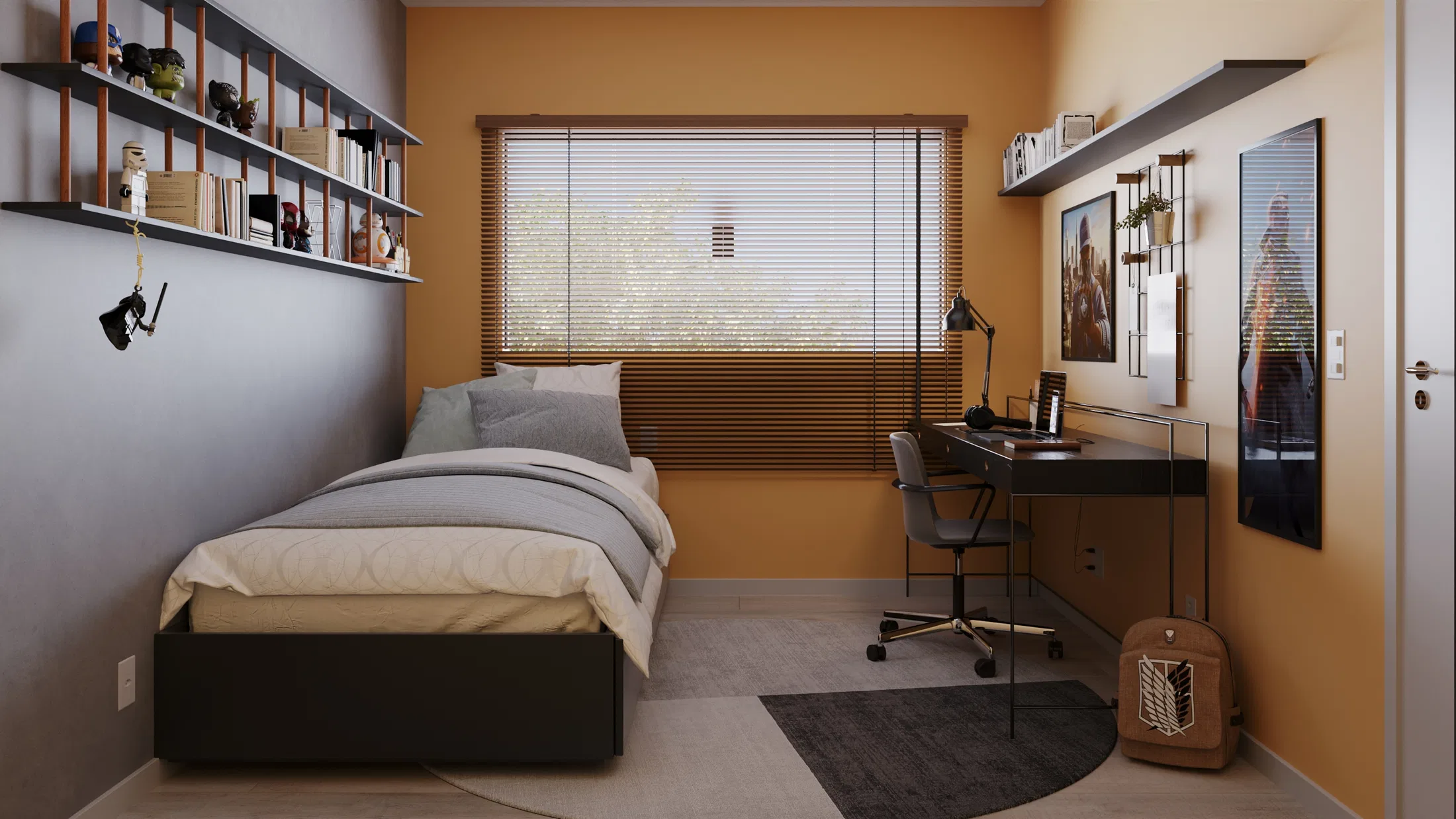 Quarto de solteiro com parede amarela, persiana de bambu, estante com bonecos colecionáveis e escrivaninha de estudos