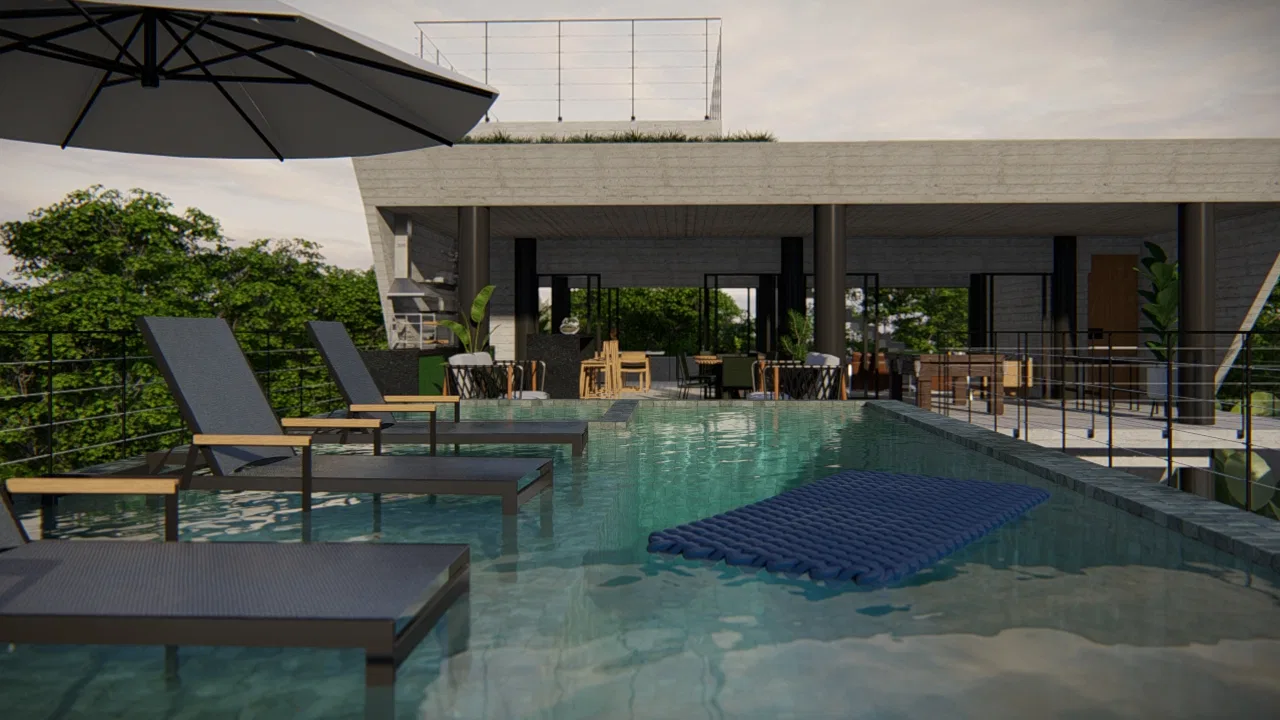 Terraço com piscina sob pergolado de concreto, espreguiçadeiras, guarda-sol e boia flutuante sobre a água ao entardecer