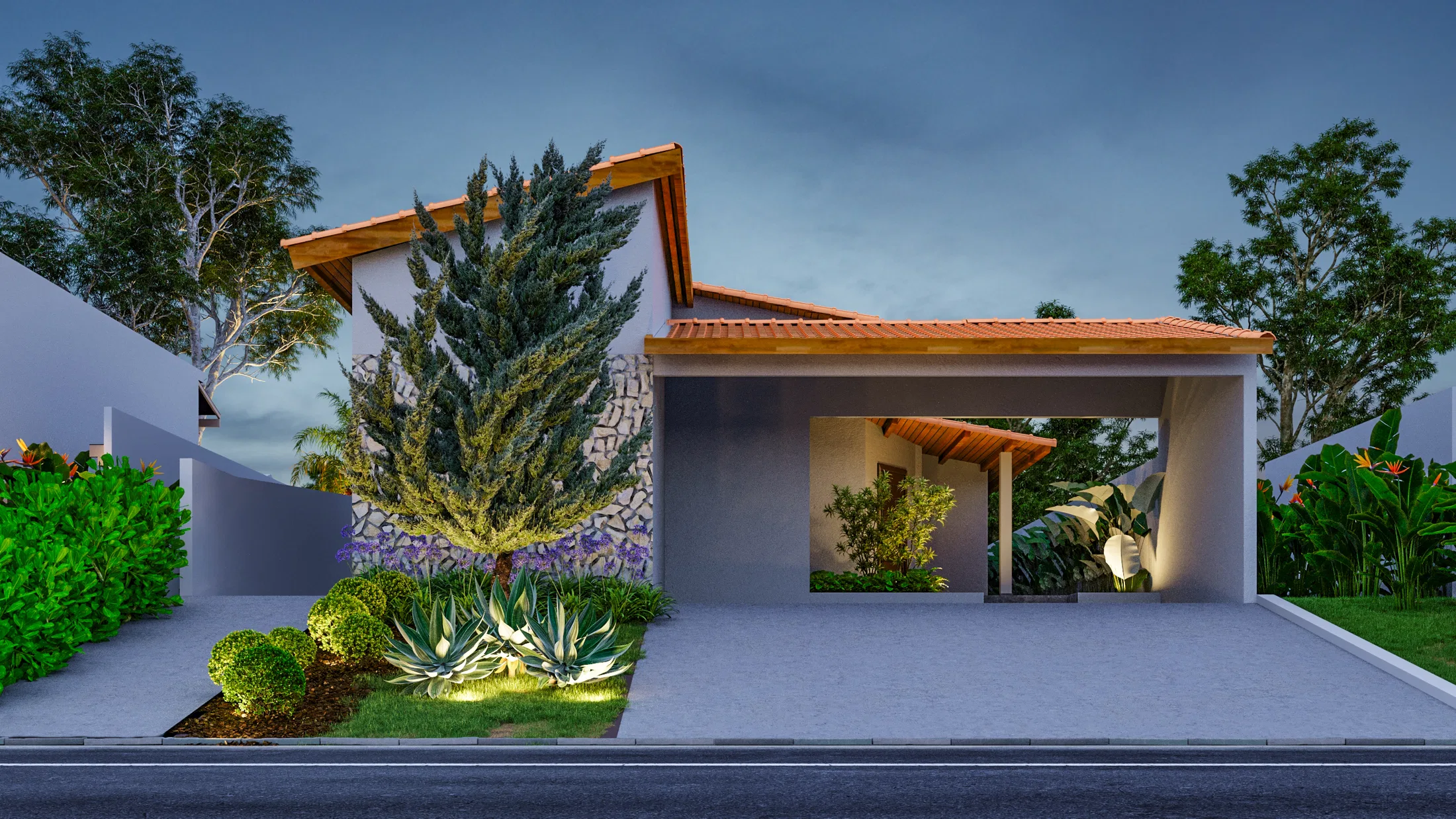 Fachada de casa térrea ao entardecer com jardim de entrada em pedras, árvore de grande porte e agaves iluminadas junto à garagem