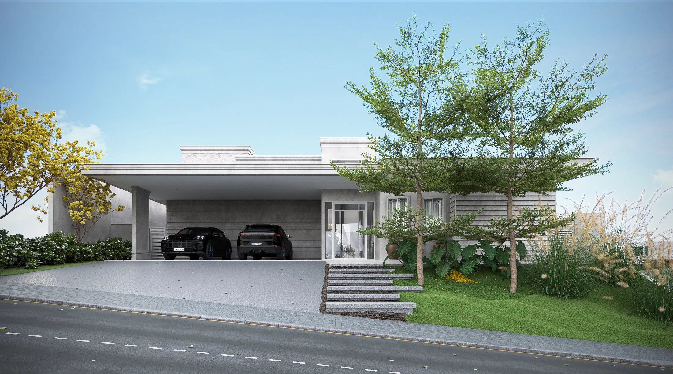 Fachada térrea contemporânea com garagem para dois carros, entrada com degraus sobre grama, capins ornamentais e árvore de copa leve