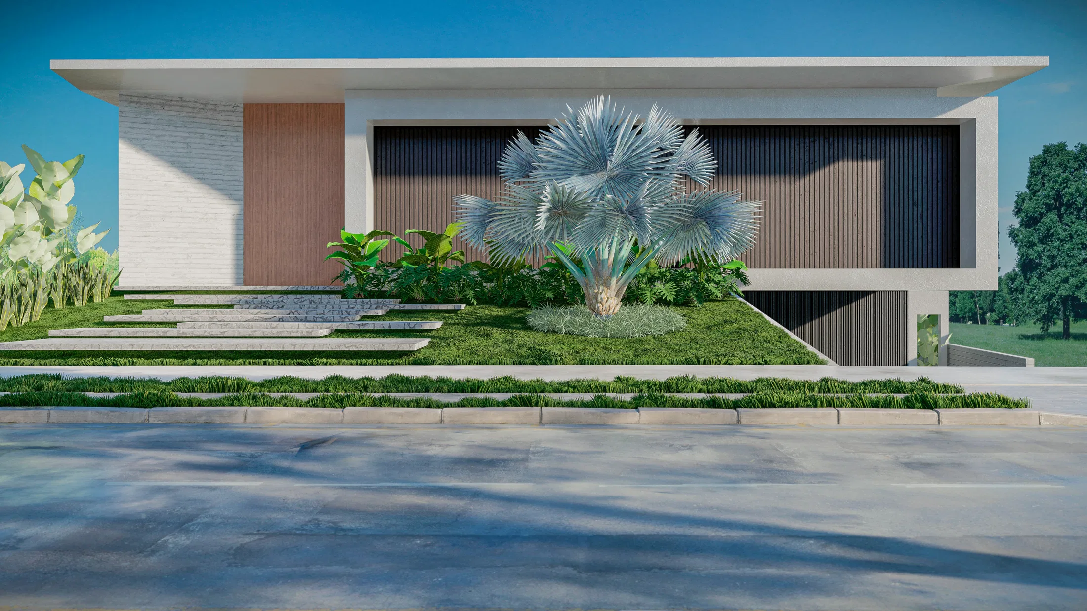 Fachada de residência contemporânea emoldurada por palmeira-azul de folhas em leque, com muro branco, ripas escuras e canteiros de folhagens tropicais.