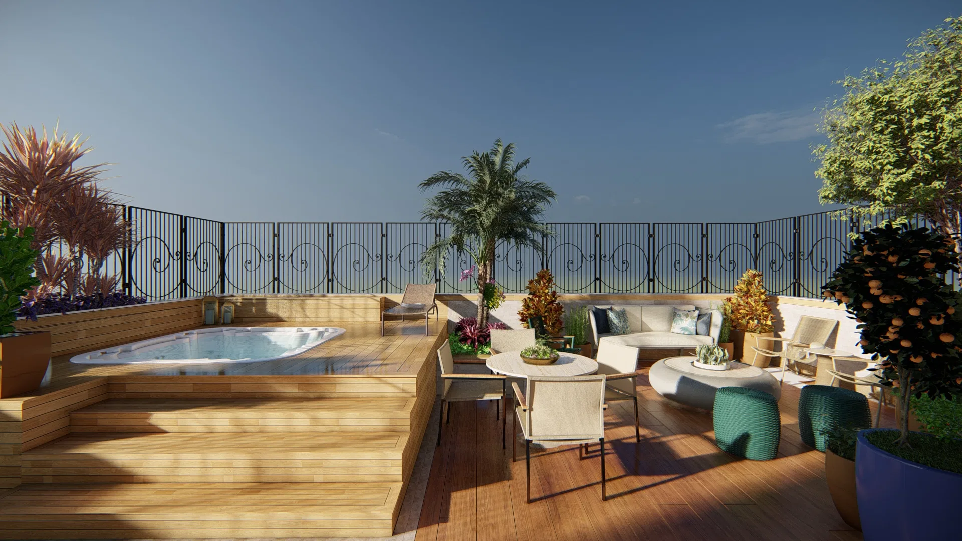 Terraço de cobertura com deck de madeira, banheira de hidromassagem de canto, sofá curvo, mesa de refeições e gradil de ferro trabalhado