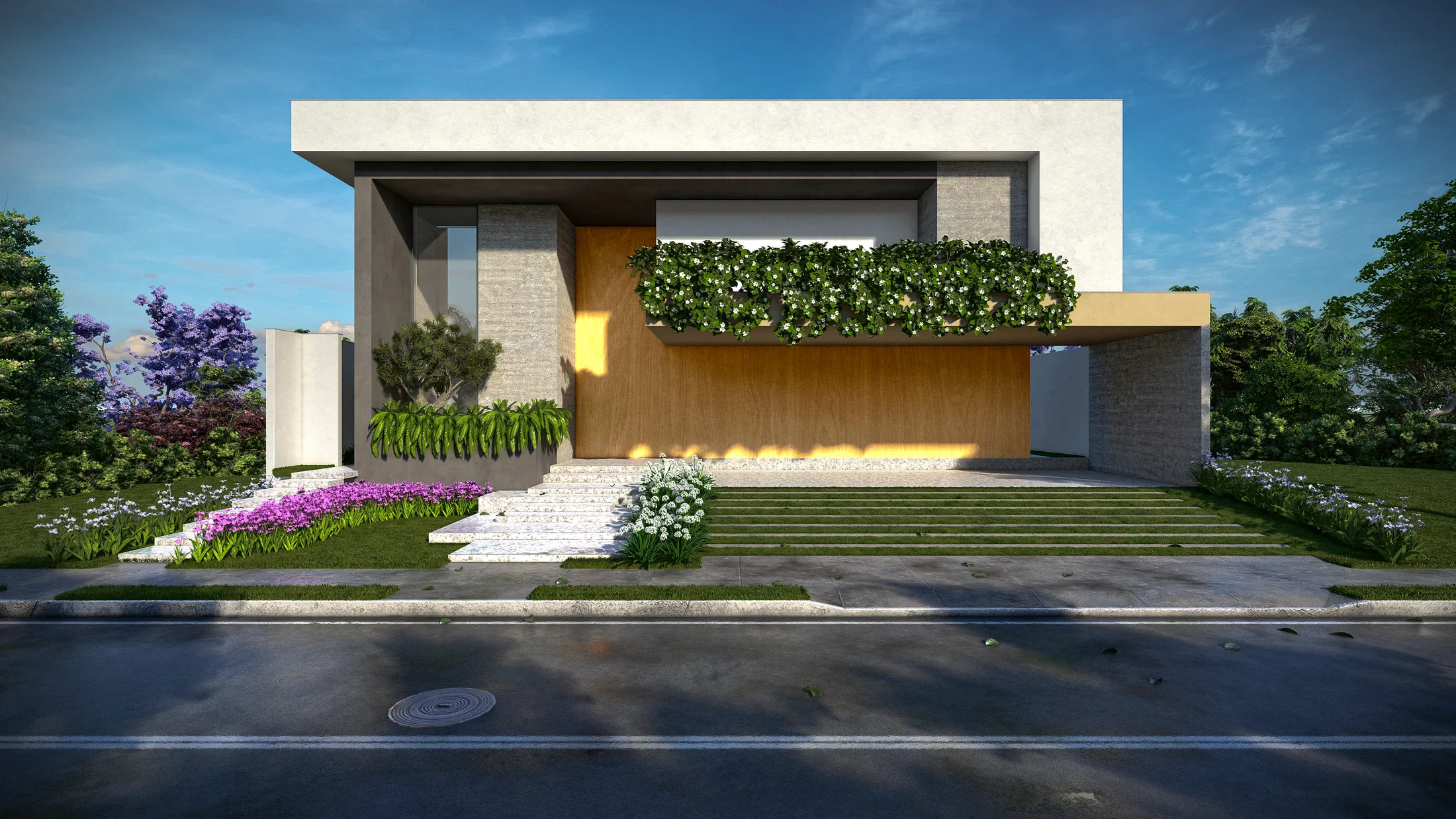 Fachada de residência moderna em concreto, madeira e pedra, com jardineira suspensa verde, escadaria de acesso e canteiro de flores roxas e brancas.