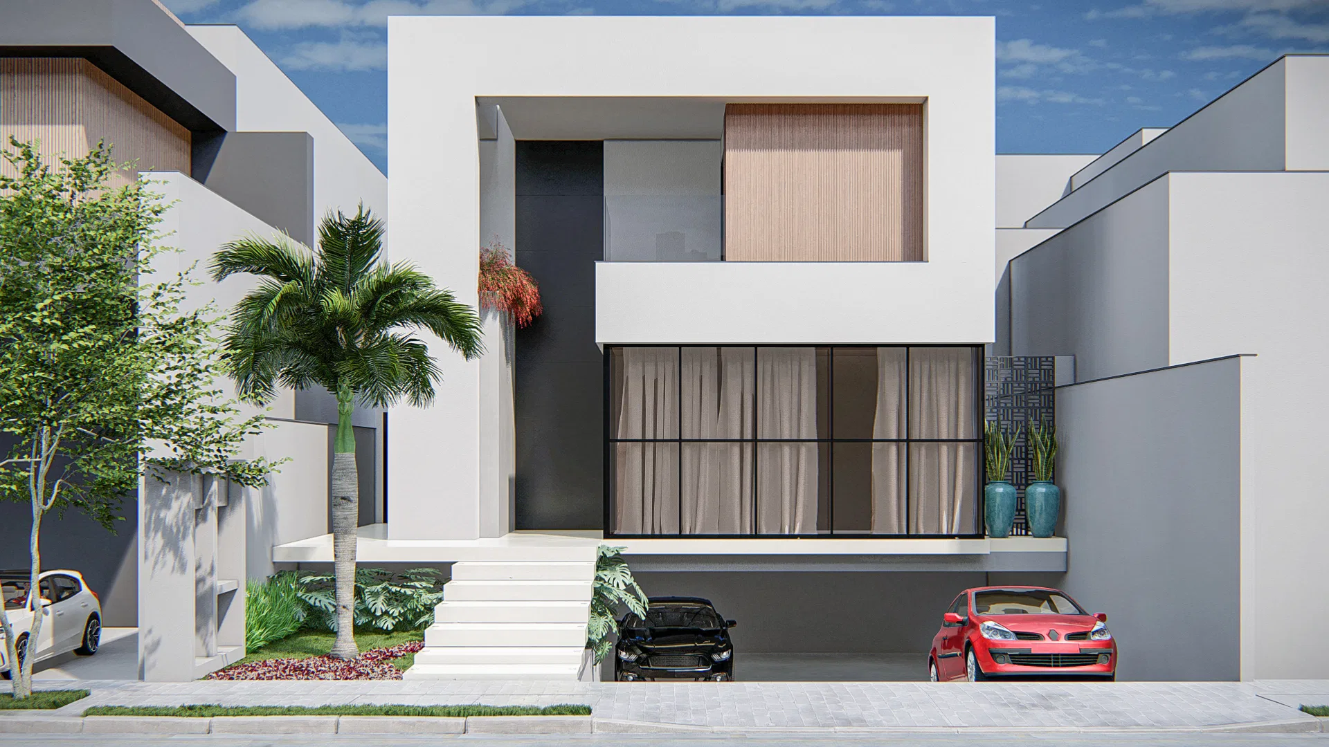 Fachada residencial contemporânea com volumes brancos, revestimento em madeira ripada, palmeira e canteiro de entrada, com carros estacionados na garagem coberta