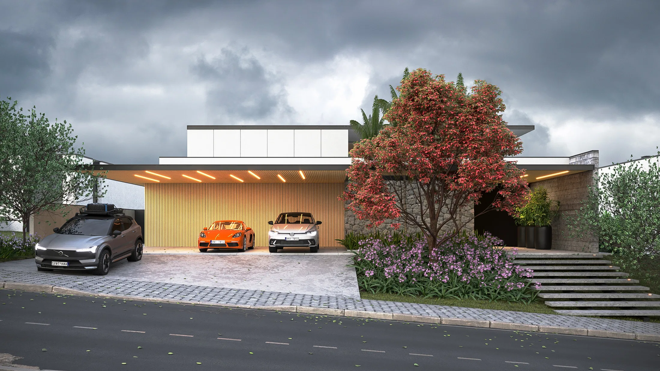 Fachada de casa térrea com garagem aberta sob laje de madeira ripada iluminada, três carros estacionados e árvore de flores avermelhadas