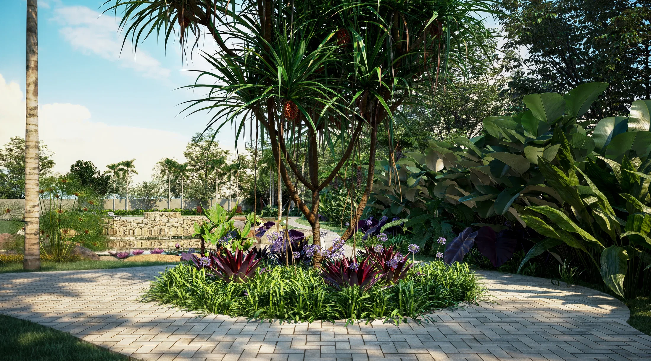 Canteiro circular no piso intertravado, com dracena de tronco alto, agapantos e bromélias púrpura entre folhagens tropicais