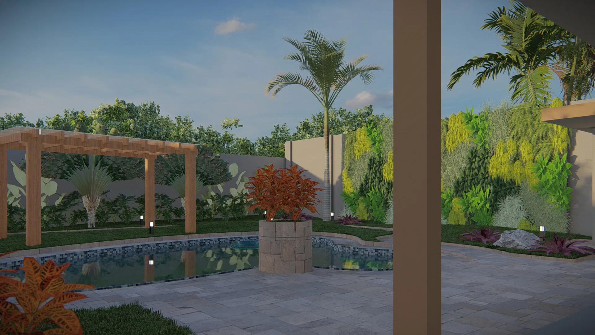 Pátio de piscina ao entardecer visto sob varanda coberta, com pergolado de madeira, jardim vertical e vaso de planta vermelha