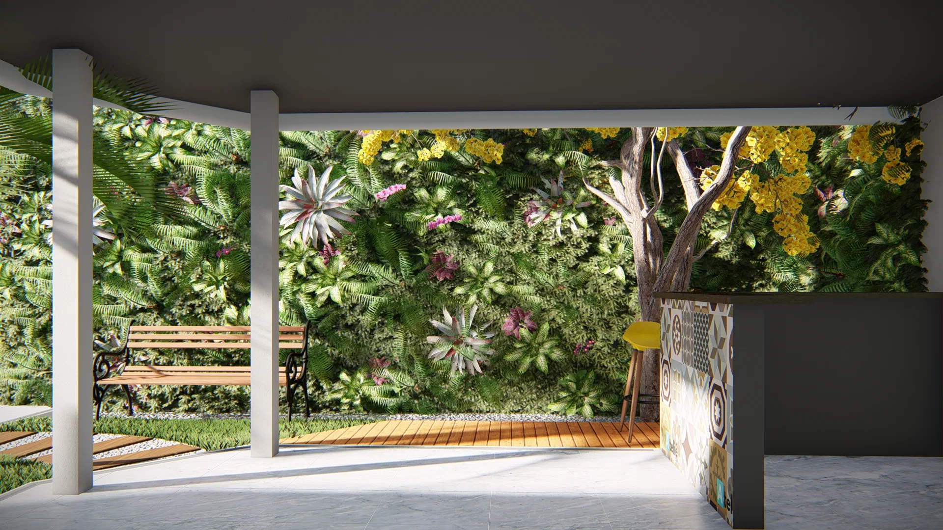Pátio coberto por laje escura diante de jardim vertical florido, com banco de ferro fundido, deck de madeira e bancada de ladrilhos estampados