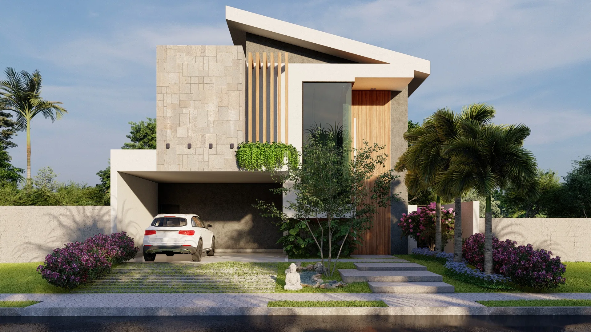 Fachada de casa contemporânea de telhado inclinado, com volume em pedra, ripas de madeira e jardim suspenso de plantas pendentes, carro branco na garagem e caminho de pedras com pequena escultura
