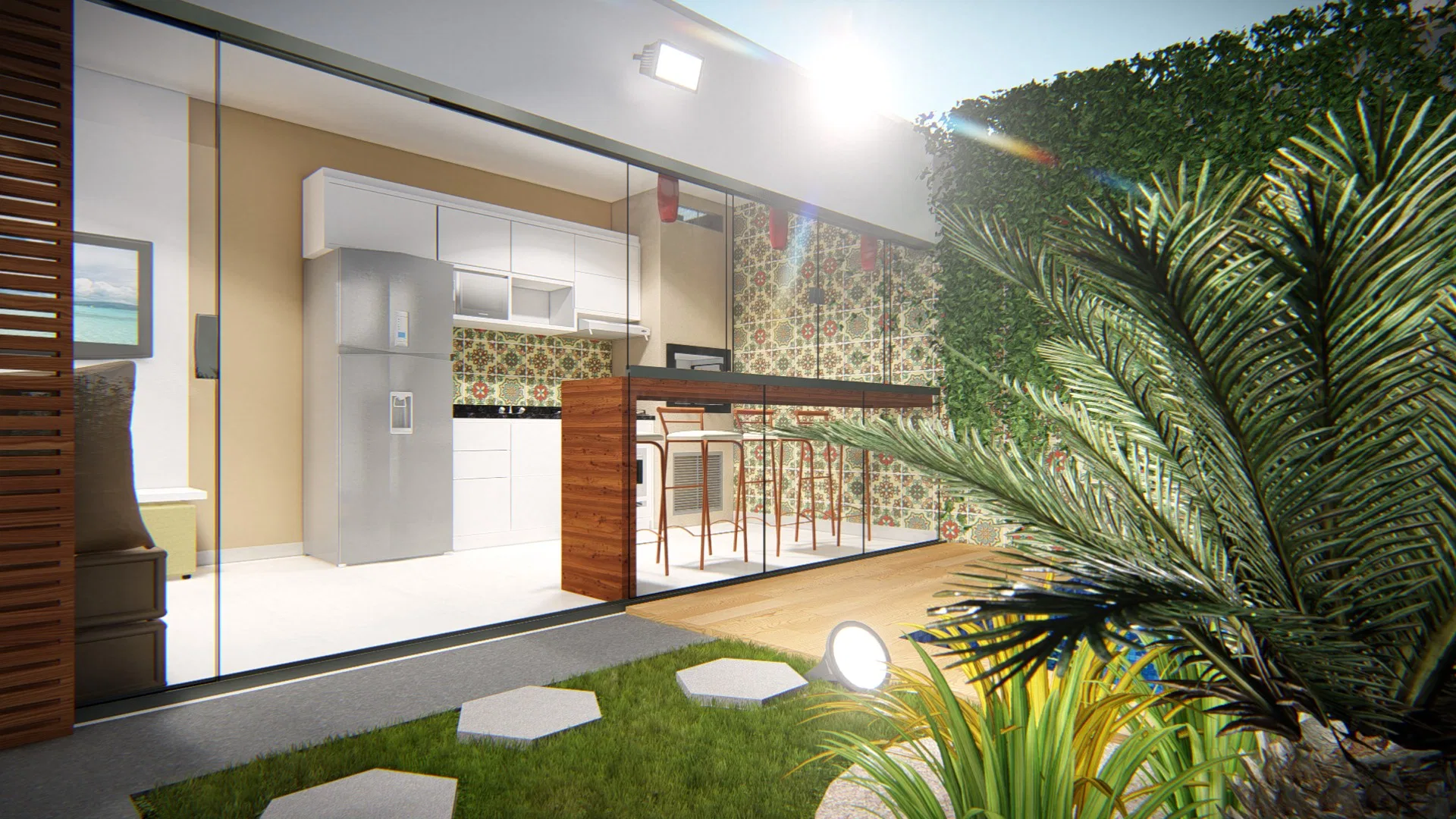 Cozinha compacta com marcenaria branca, bancada de madeira com banquetas e portas de vidro abertas para um pequeno jardim com palmeira