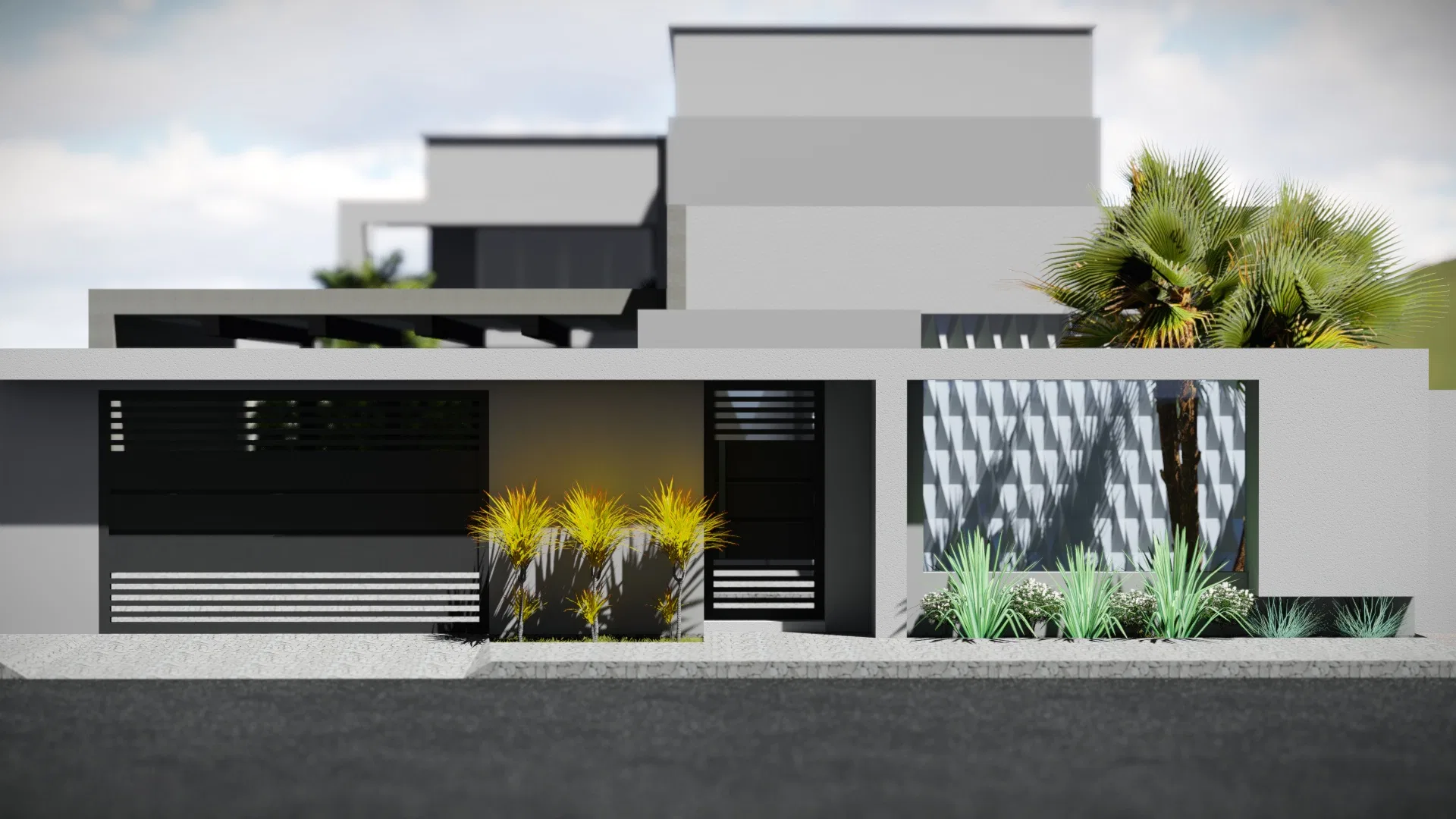 Fachada moderna de volumes escalonados com portões de ripas escuras, painel de relevo geométrico e canteiro de folhagens amarelas, agaves e palmeiras-leque