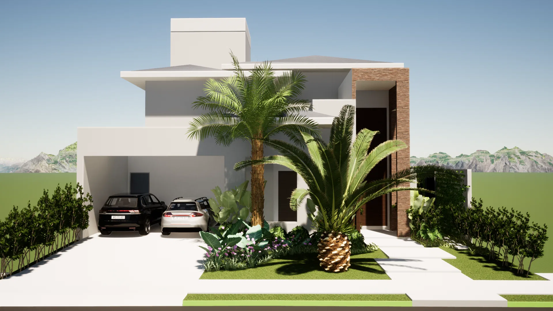 Fachada de residência moderna branca com volume revestido de pedra, garagem com dois carros, palmeiras de troncos marcantes e folhagens tropicais sobre piso claro.