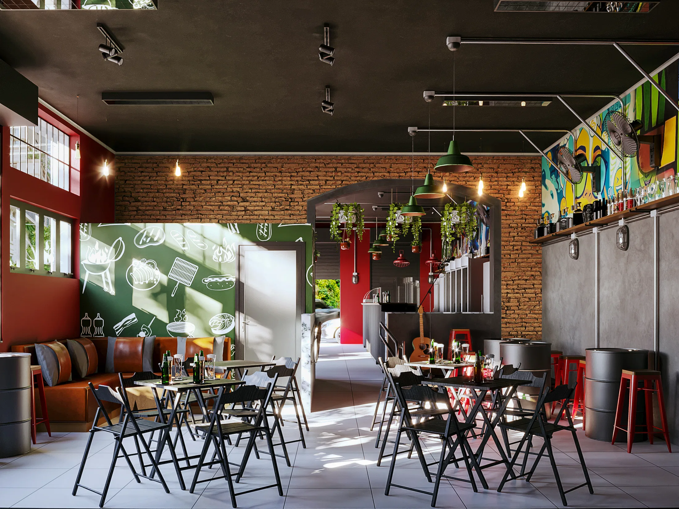 Salão de bar com parede de tijolo aparente, mural verde ilustrado a giz, luminárias verdes e mesas de bistrô com cadeiras dobráveis pretas