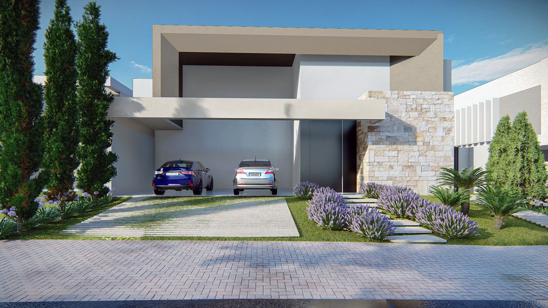 Fachada frontal de casa contemporânea com garagem coberta para dois carros e revestimento em pedra na entrada
