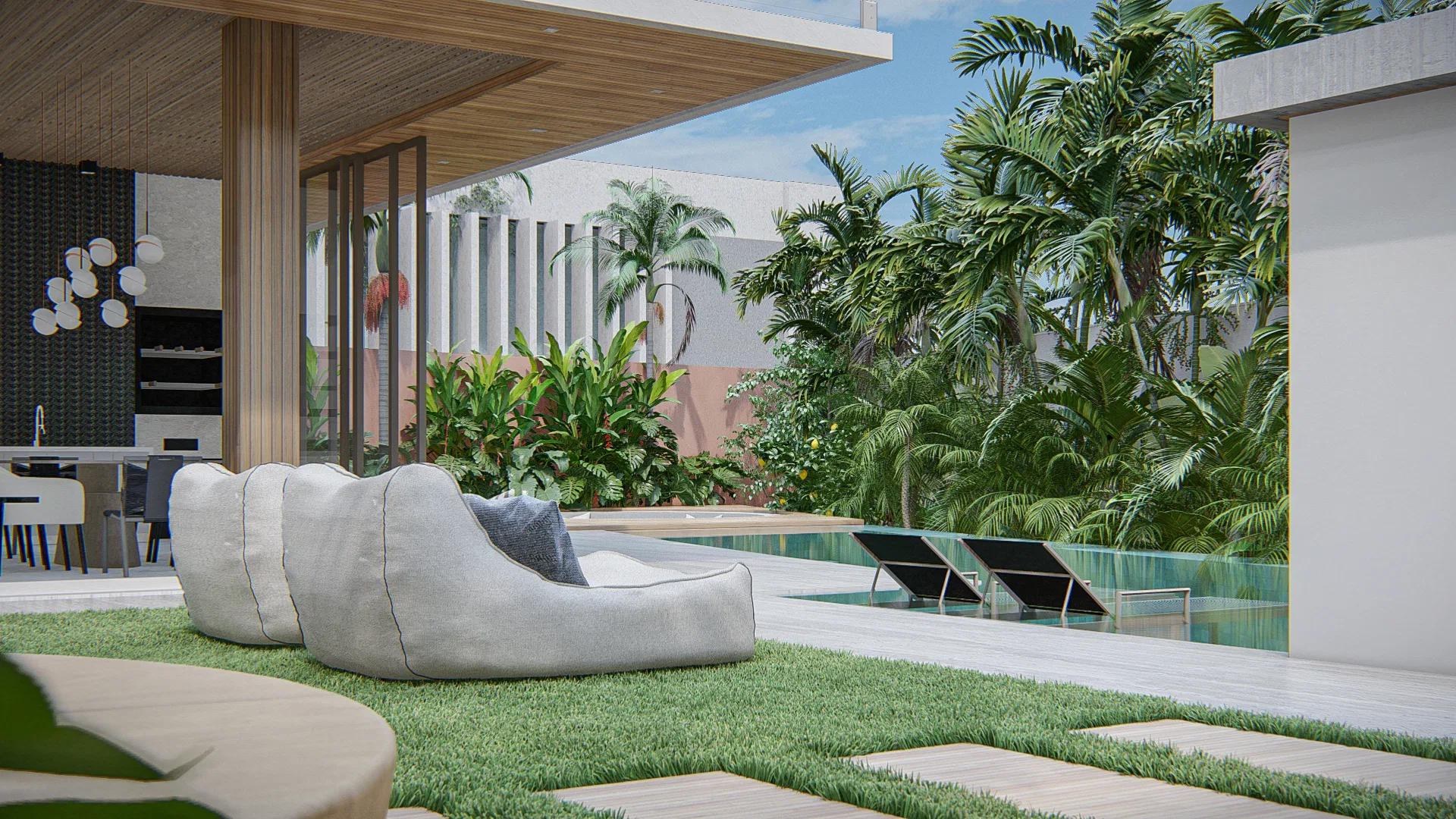 Área de estar coberta junto à piscina, com sofás redondos brancos, deck de madeira e vegetação tropical densa ao fundo