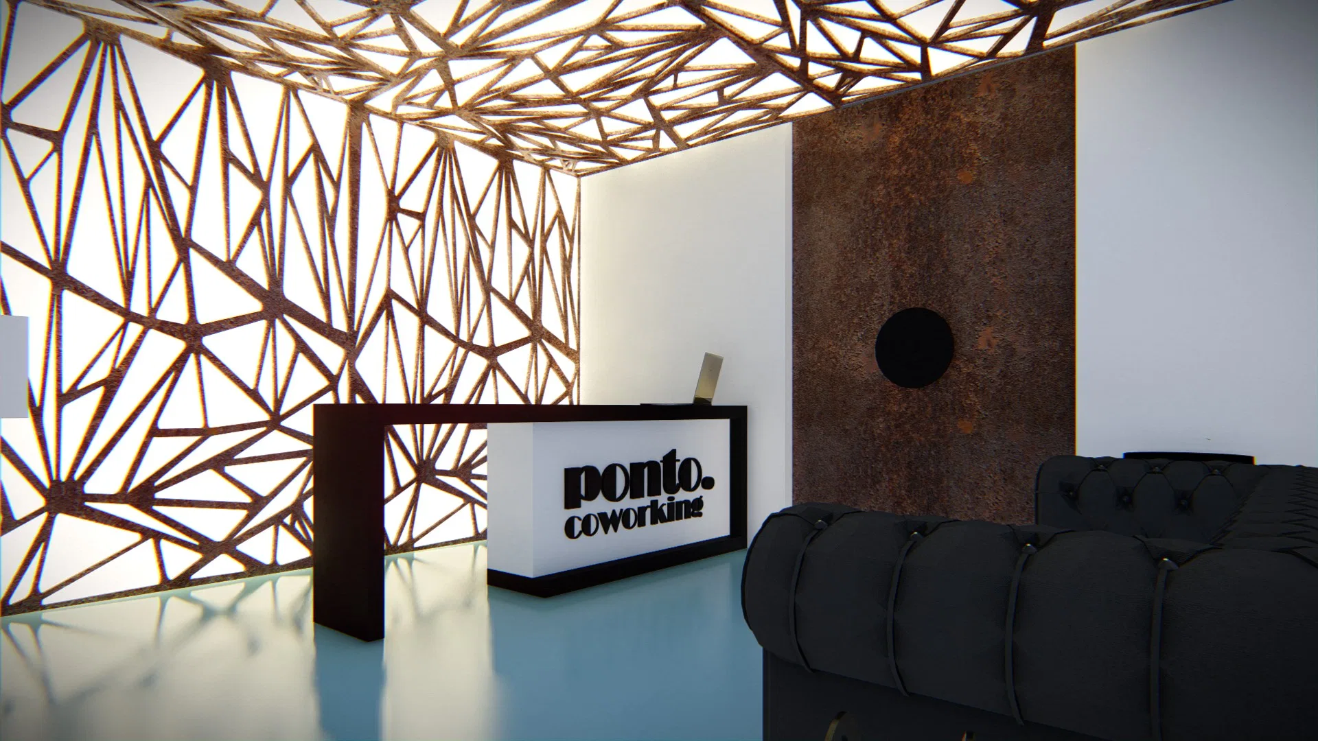 Recepção com painel vazado retroiluminado de padrão orgânico, balcão iluminado da marca Ponto e sofá capitonê preto sobre piso reflexivo