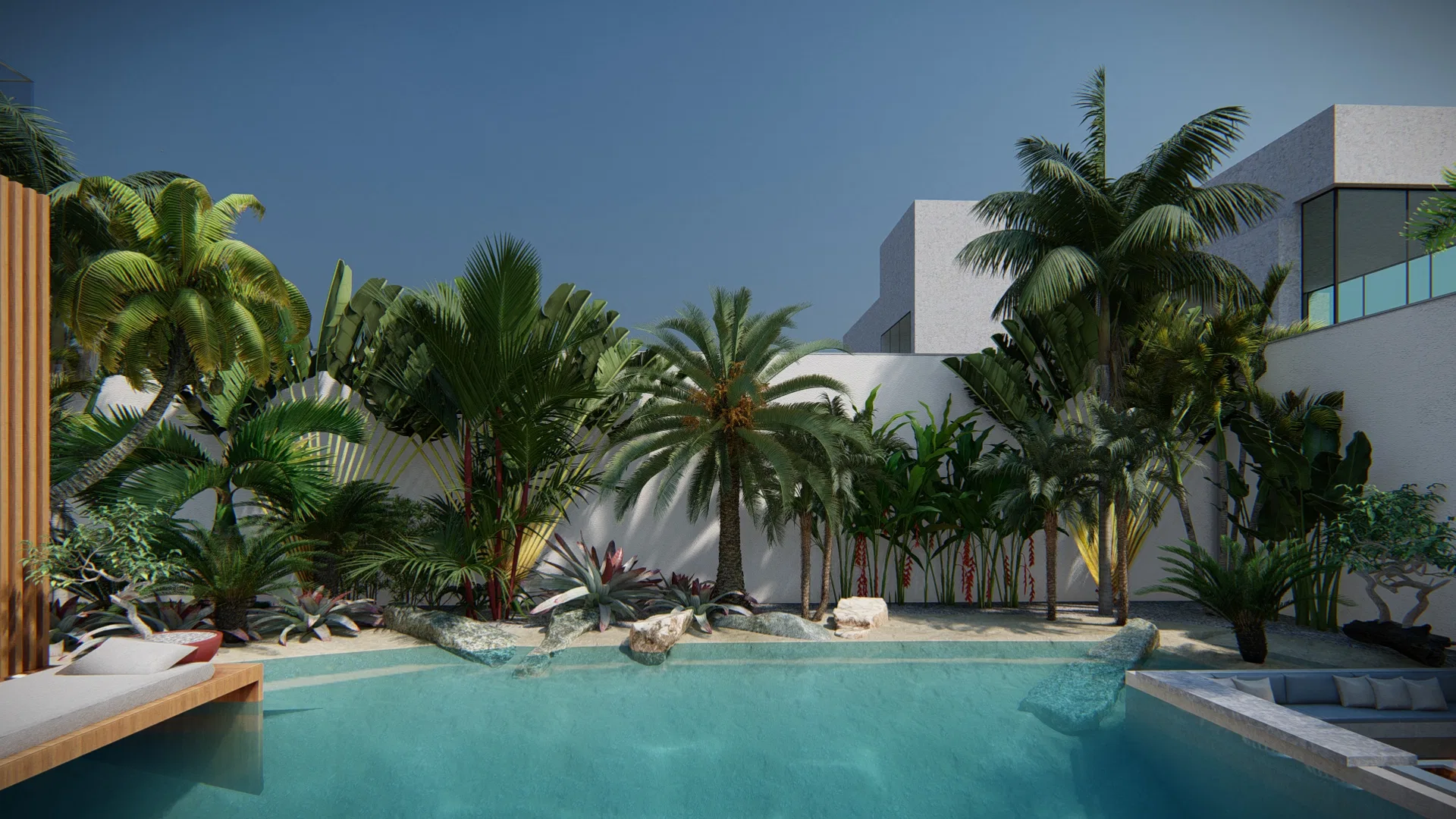 Piscina tropical com entrada em praia de areia, cercada por palmeiras, cicas e bromélias densas contra muro branco ao entardecer