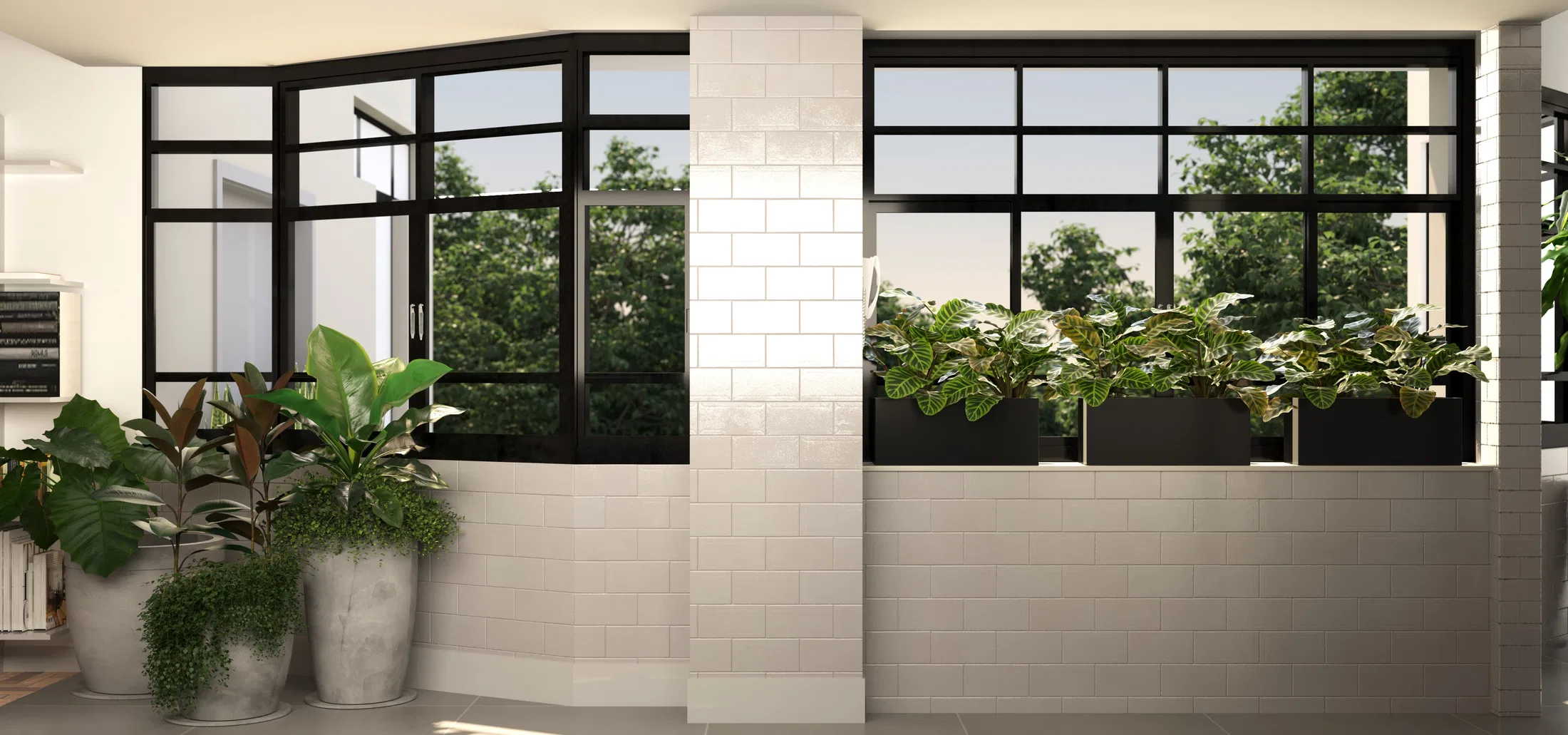 Corredor com esquadrias pretas em canto formando vitrine, revestimento em pastilha branca e vasos com plantas variadas