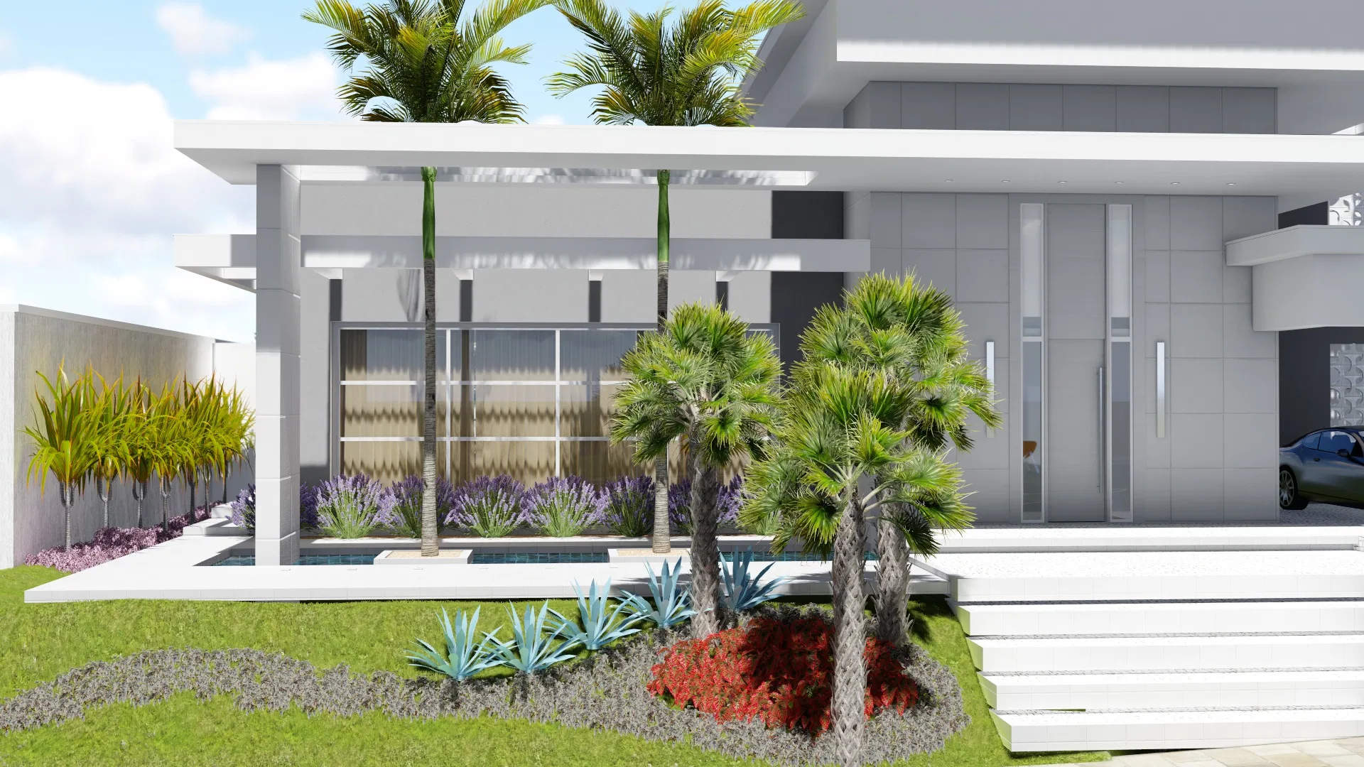 Fachada de residência contemporânea branca com jardim frontal de palmeiras, agaves azulados, maciços em tom lilás e arbustos floridos em vermelho