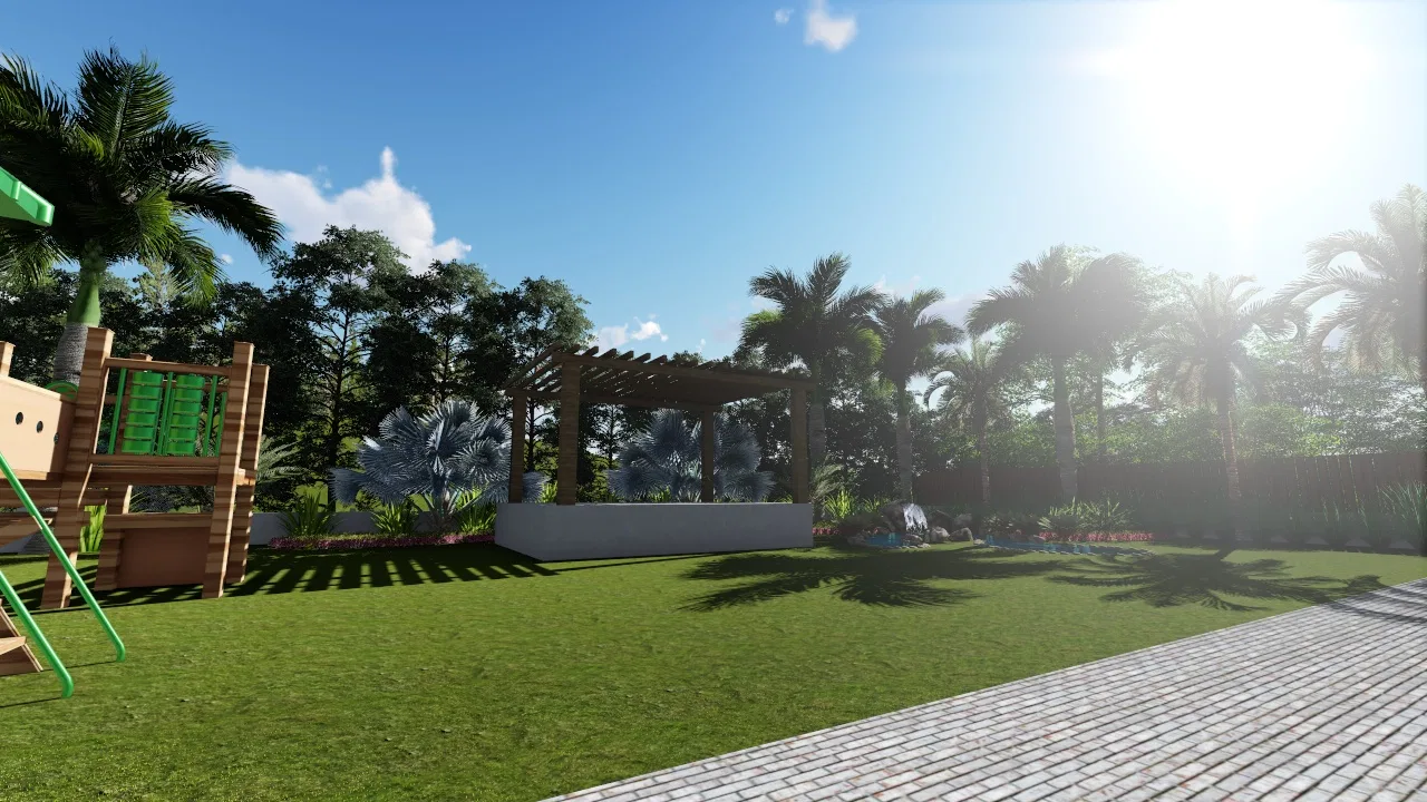 Área de lazer do condomínio com playground de madeira e escorregador, pergolado de estar sobre plataforma elevada, palmeiras e gramado sob sol forte
