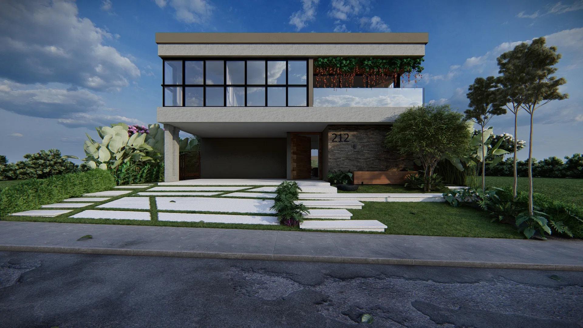 Fachada residencial em pedra e vidro de dois pavimentos, com jardim de entrada em faixas de grama e caminho de placas claras
