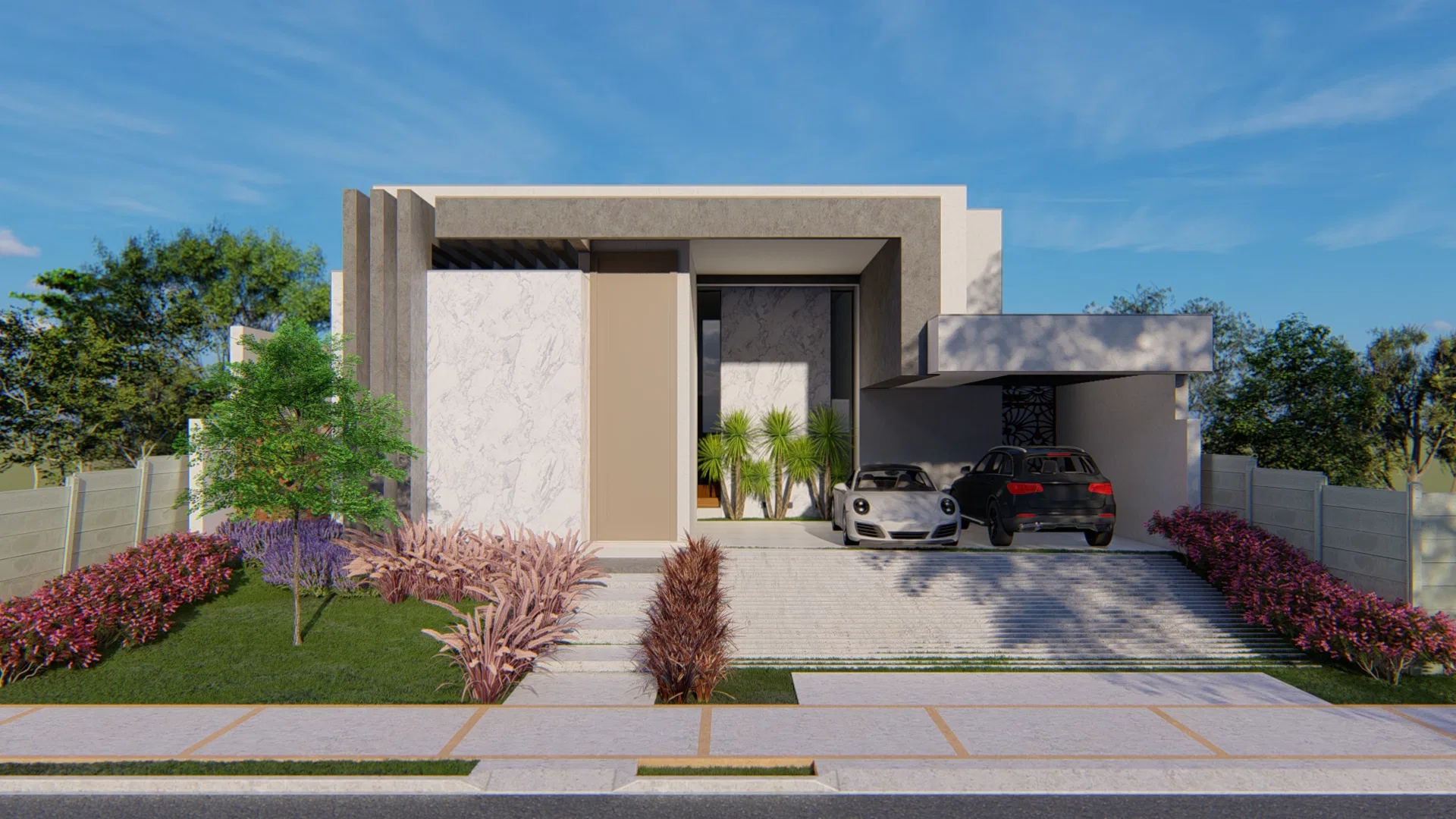 Fachada de residência contemporânea com painel de pedra e telhados planos, garagem aberta com dois carros e jardim de floreiras coloridas junto à calçada.