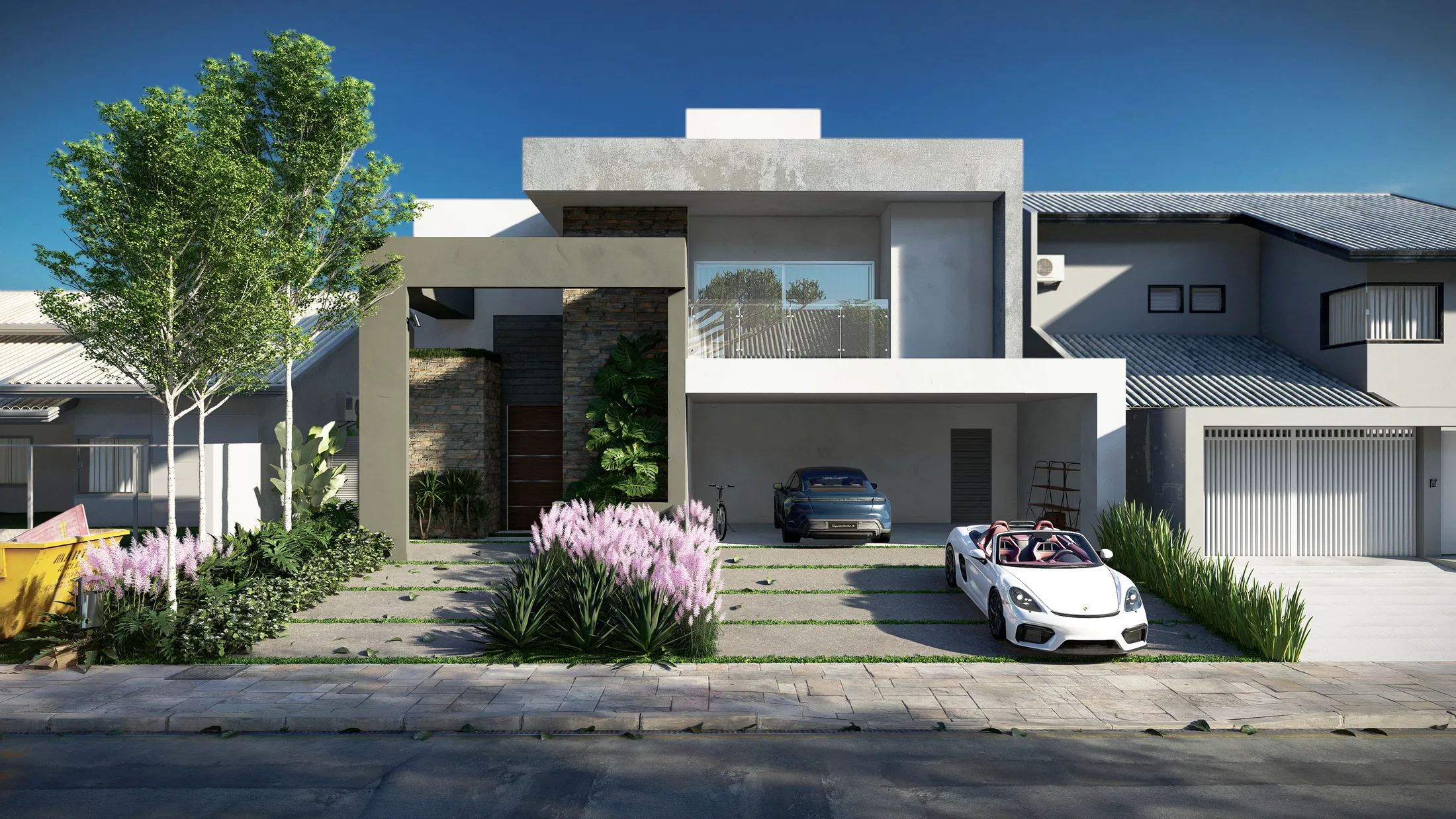 Fachada residencial contemporânea com jardim de entrada florido e dois carros estacionados na garagem