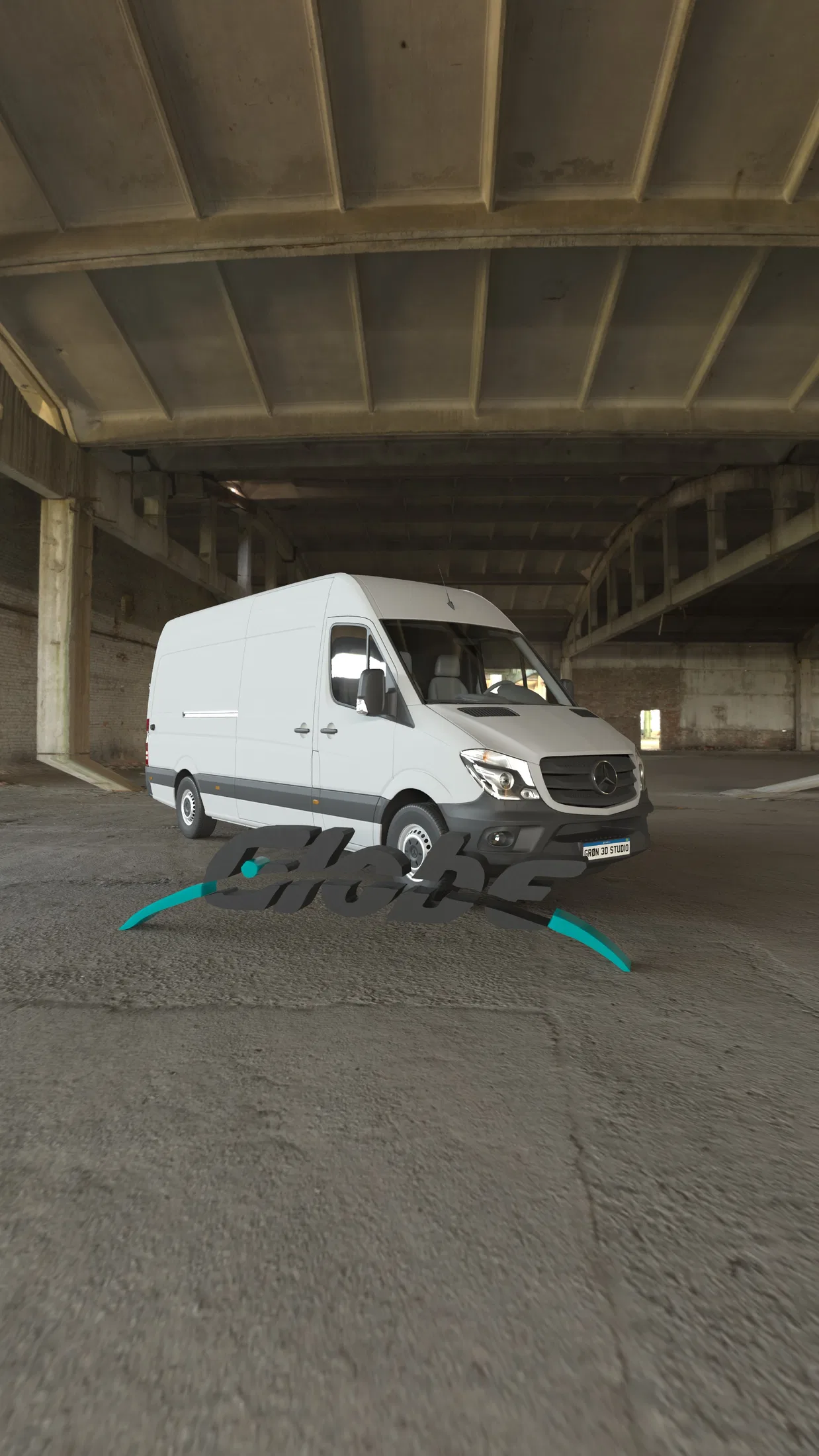 Van furgão branca em ângulo frontal três quartos, estacionada sob teto abobadado de concreto aparente com vigas curvas em galpão industrial.
