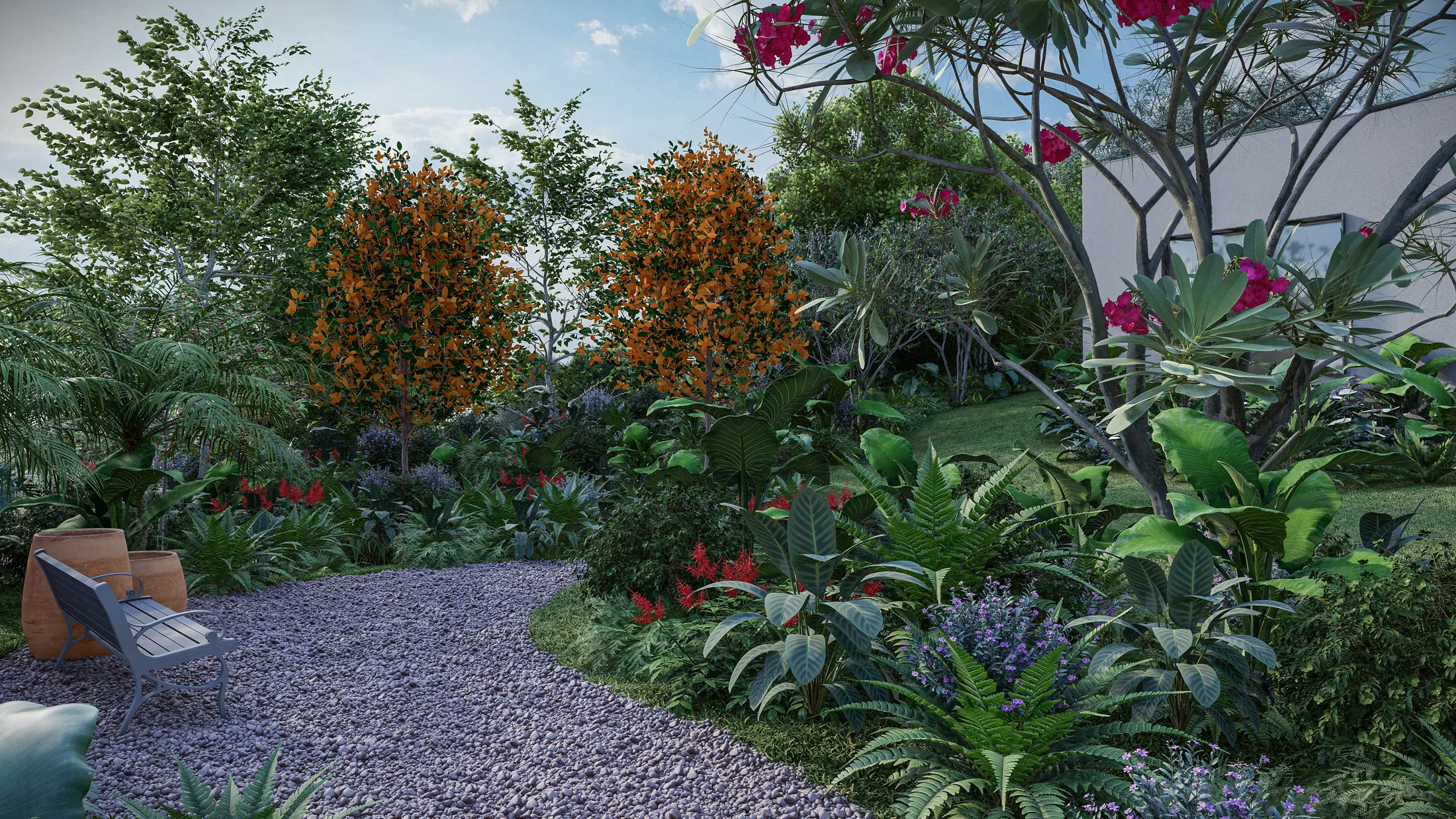 Caminho de seixos serpenteando por um jardim tropical, com árvores de floração laranja, buganvílias magenta e um banco de madeira à esquerda.