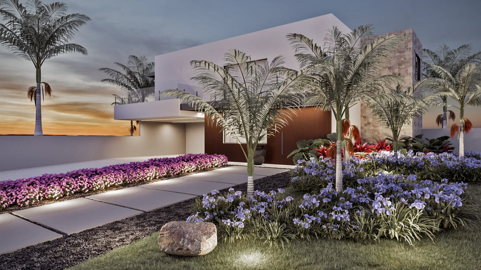 Fachada de casa moderna ao entardecer com canteiro florido em tons roxos e brancos ao longo do caminho de entrada