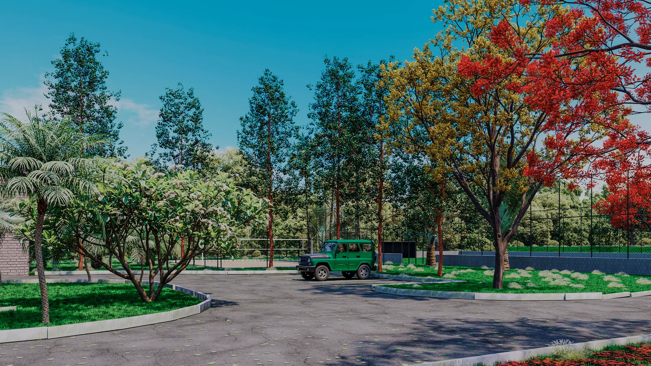 Estacionamento arborizado com forrações floridas, palmeiras e árvores de copa colorida em tons de vermelho e amarelo ao fundo.