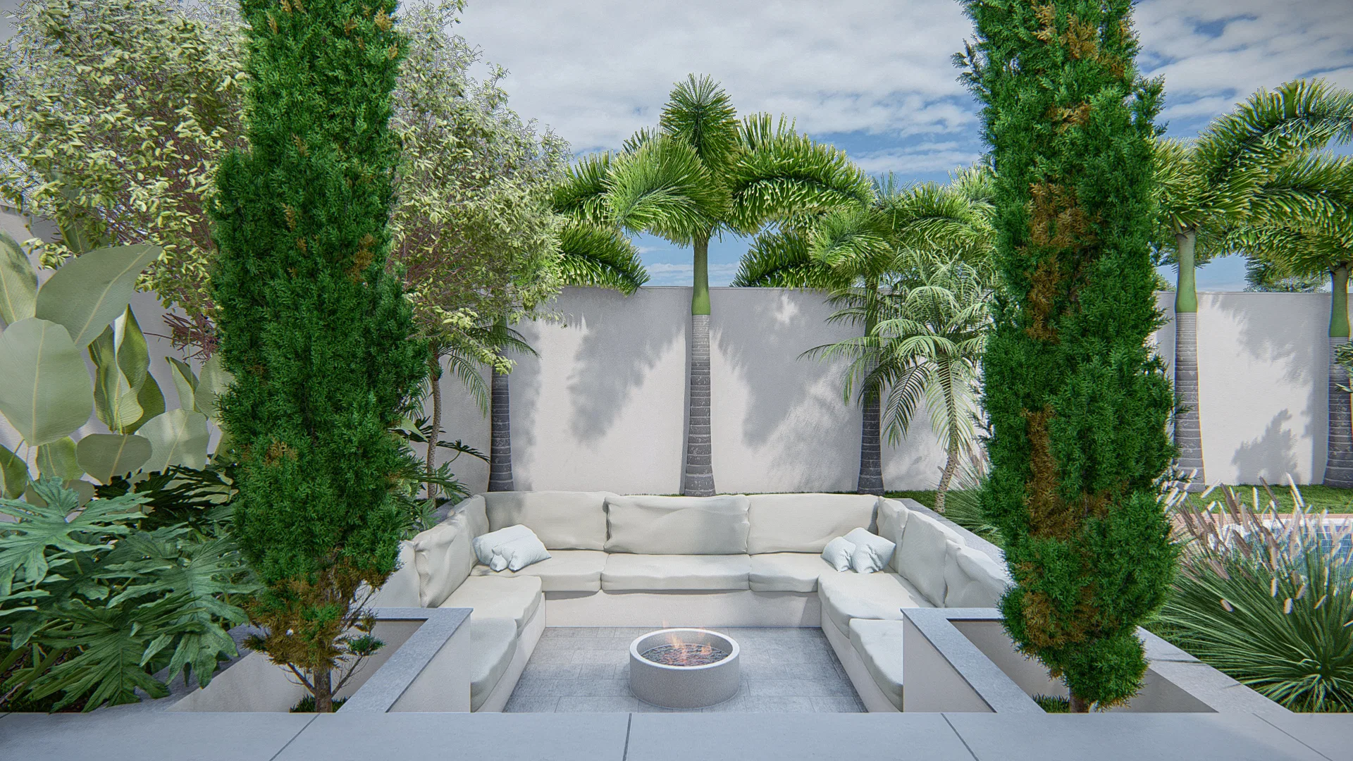Espaço lounge externo com sofá de alvenaria em U, fogueira central, ciprestes-italianos e palmeiras contra muro branco iluminado